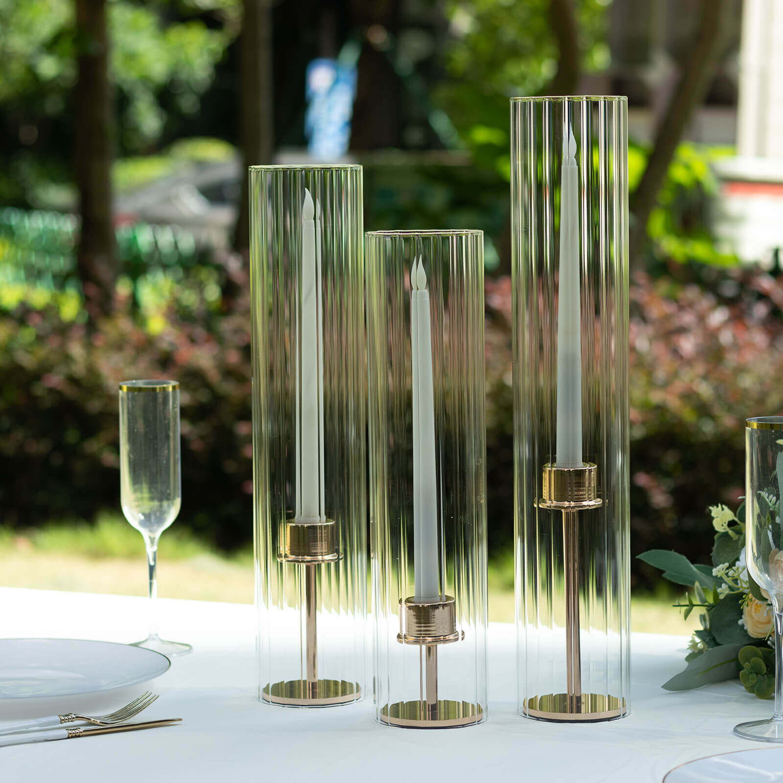 Set of 3 Clear Ribbed Glass Hurricane Shades Open End Design - Stylish Candelabra Pillar Candle Holder Table Centerpiece 15", 17", 19"