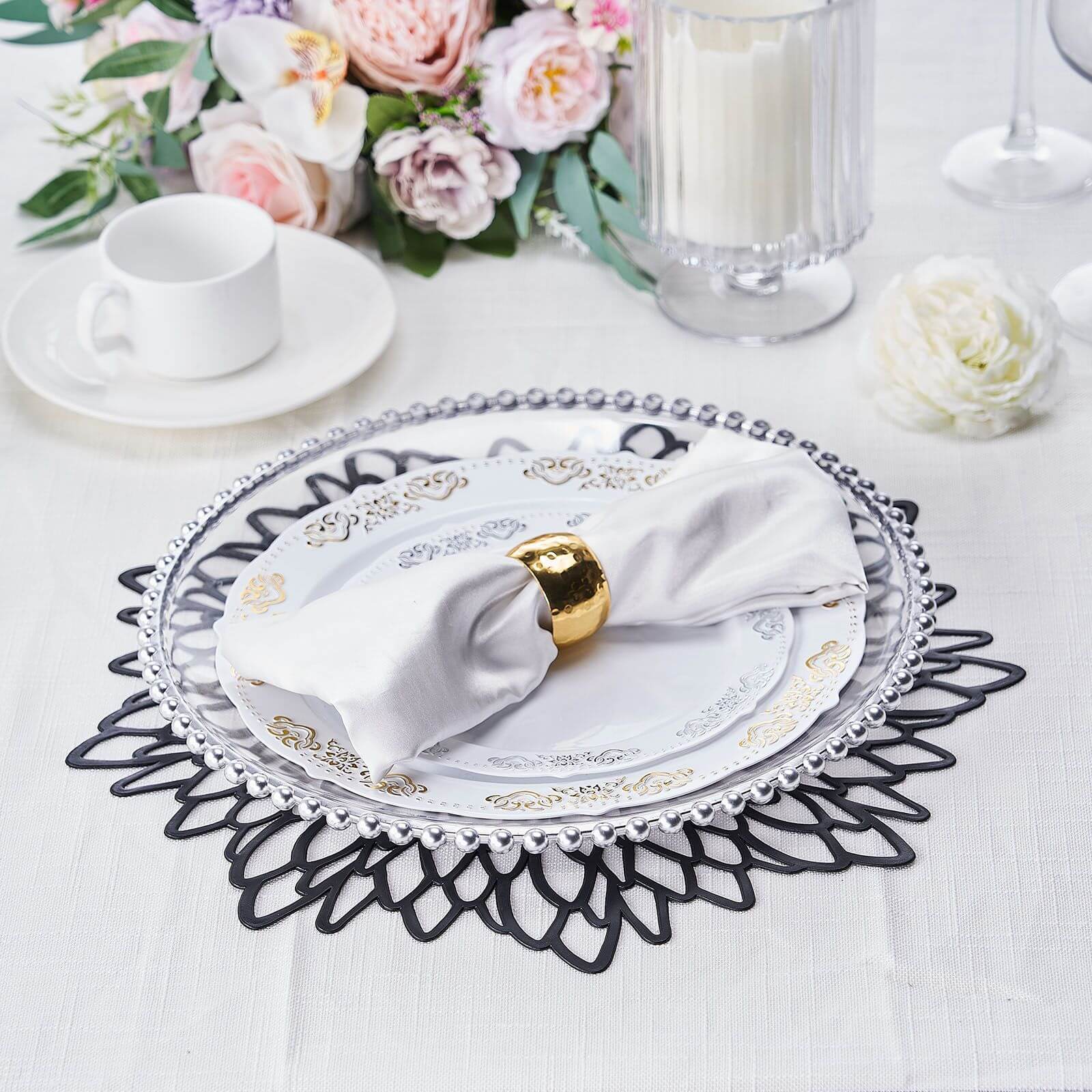 6-Pack Dining Table Mats Floral Design Black - Metallic Vinyl Round Non-Slip Mats for Tables 15"