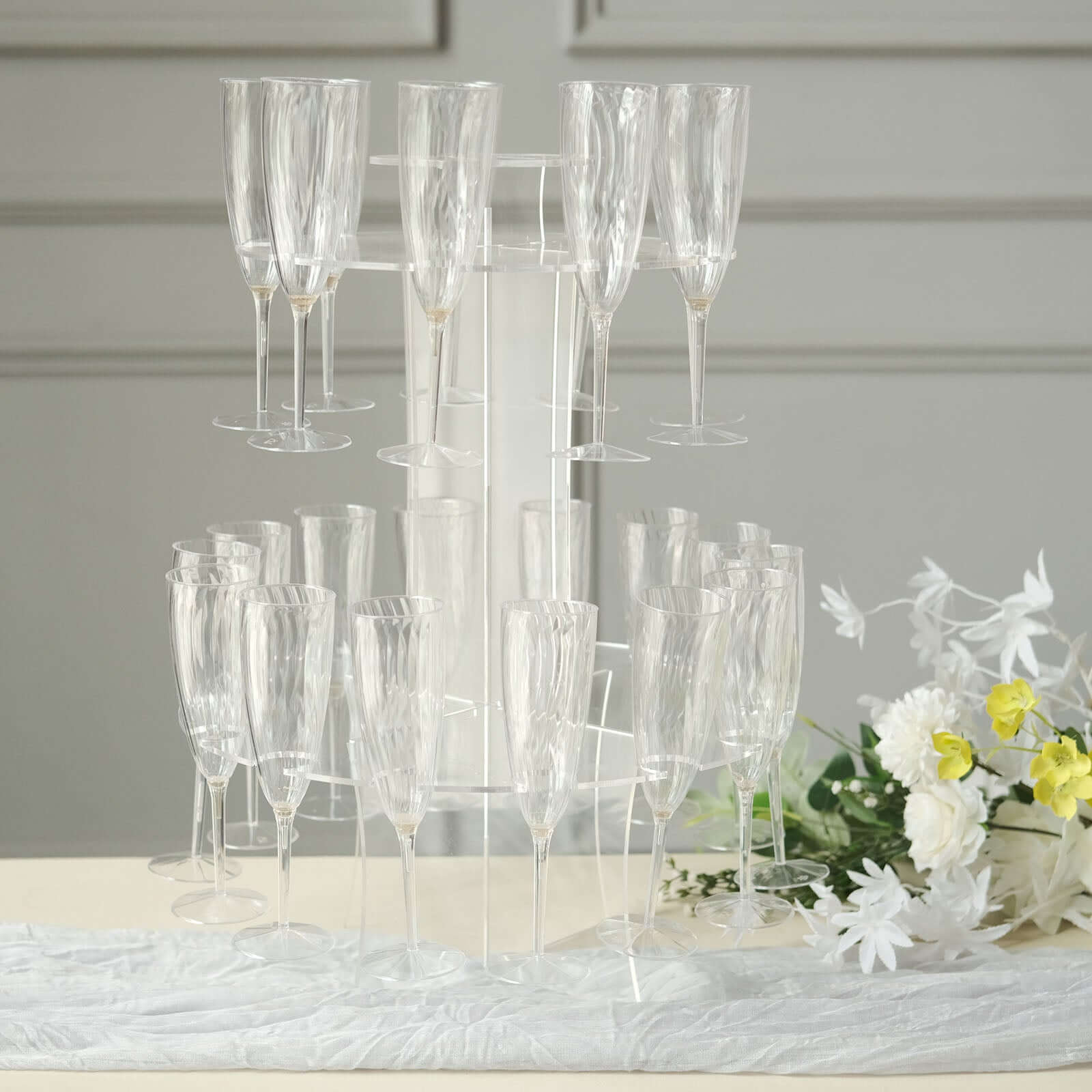 3-Tier Round Champagne Glass Holder Tower Clear Acrylic - Flute Display Rack Cocktail Tree Stand Holds 23 Stemware + 1 Bottle for Professional & Home Use 21"