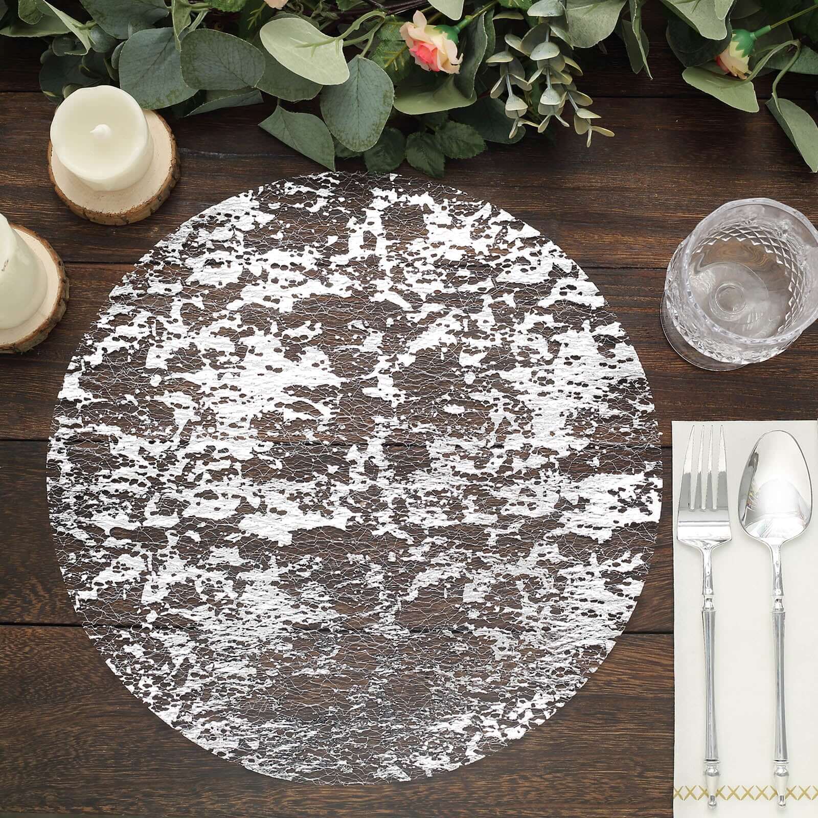 10-Pack Table Placemats Foil Design Metallic Silver Round - Mesh Disposable Shiny Dining Mats 13"