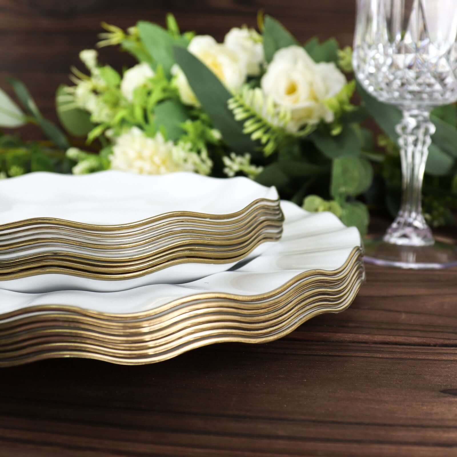 10-Pack Plastic 9" Round Dinner Plates in White Ruffled Rim with Gold Edging - Sturdy Disposable Dinnerware for Classy Events & Banquets