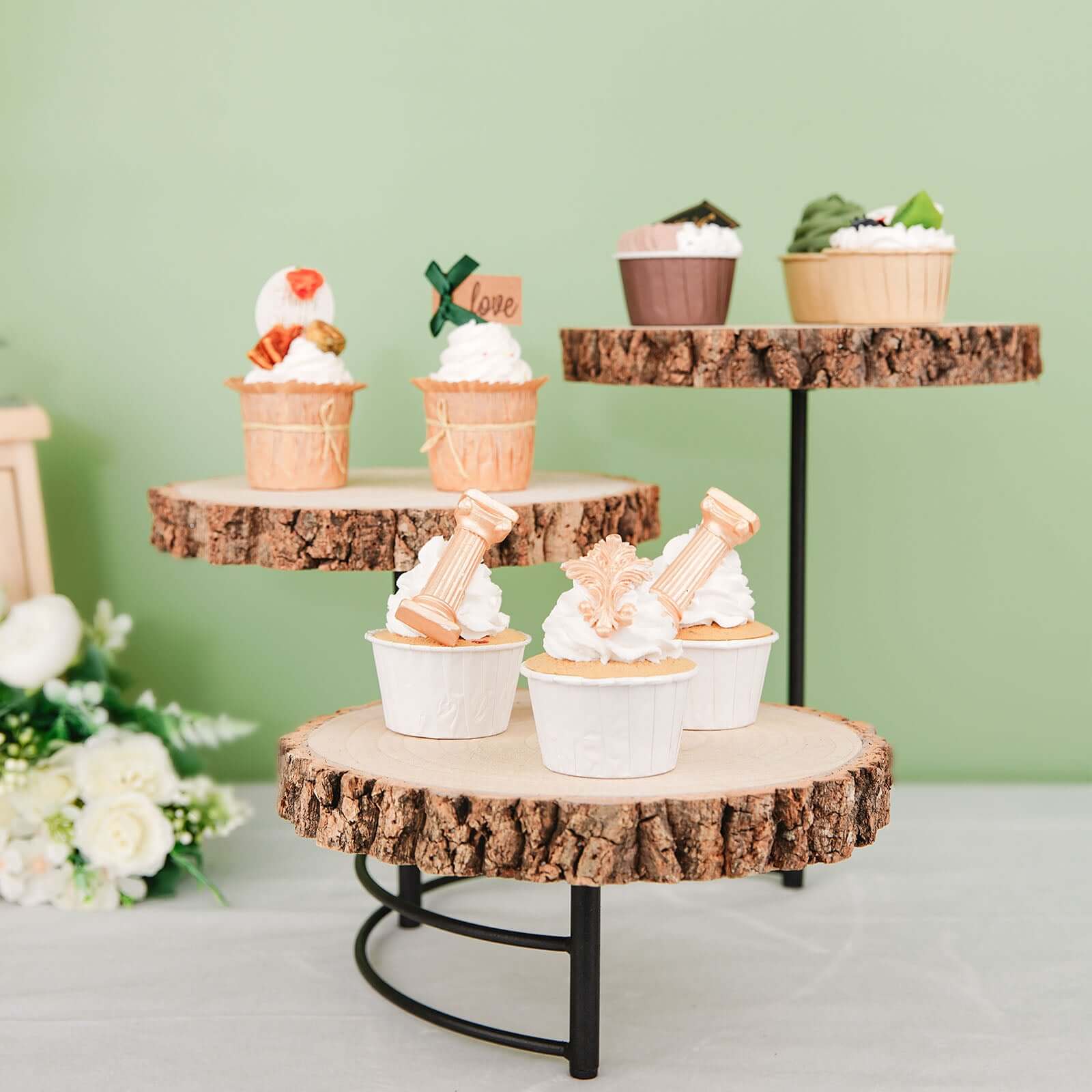 3-Tier Wooden Cheese Board Stand Half Moon Wood Slice Design - Rustic Cupcake Centerpiece 12" Tall