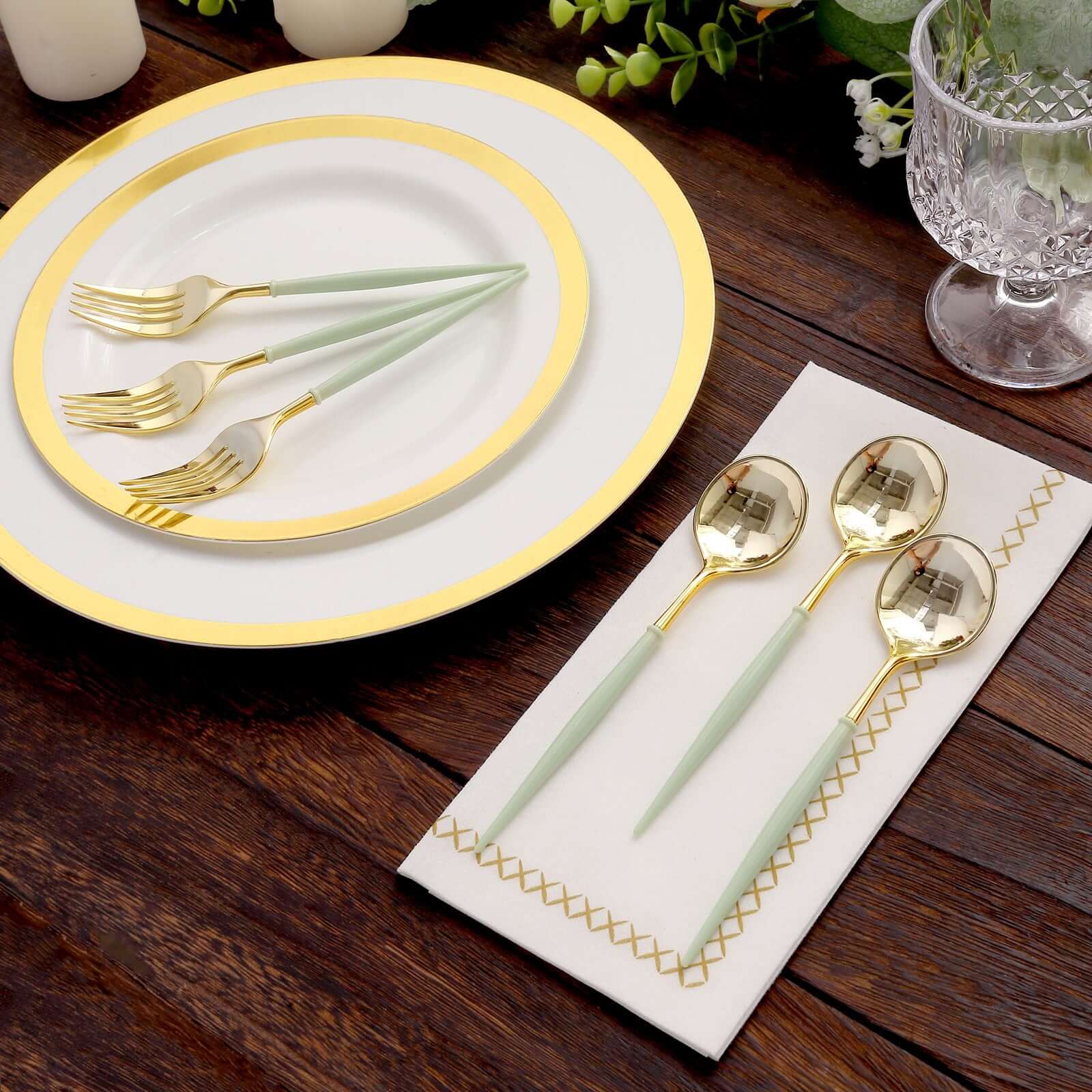 24-Pack Plastic Fork and Spoon Set Metallic Gold/Sage Green - Heavy Duty Disposable Modern Utensils 6"