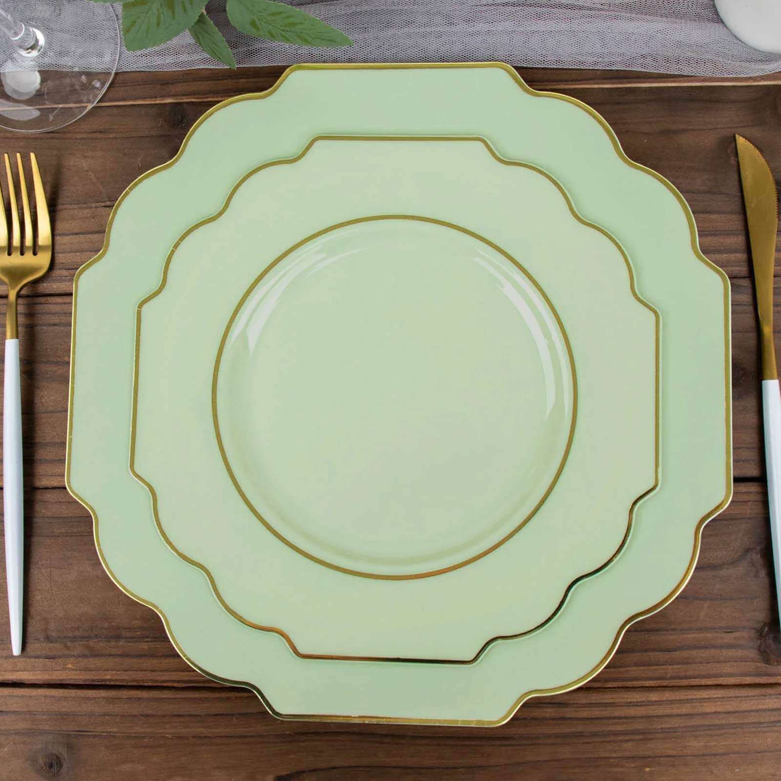 10-Pack Plastic Dessert Appetizer Plates in Sage Green Baroque Design with Scalloped Gold Rim - Heavy Duty Disposable Salad Plates 8"