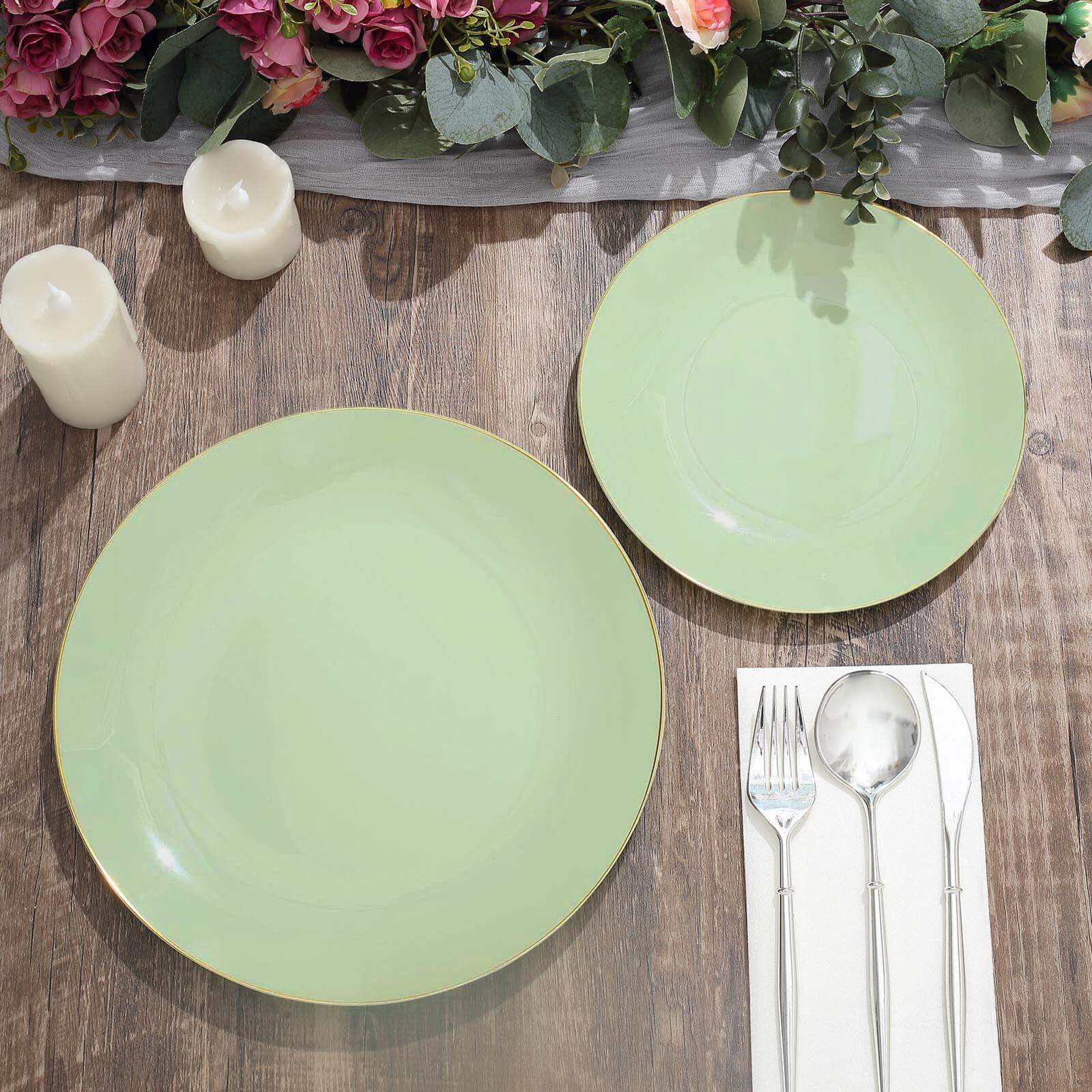 10-Pack Plastic 8" Round Dessert Plates in Sage Green with Gold Rim - Glossy Disposable Appetizer Salad Plates