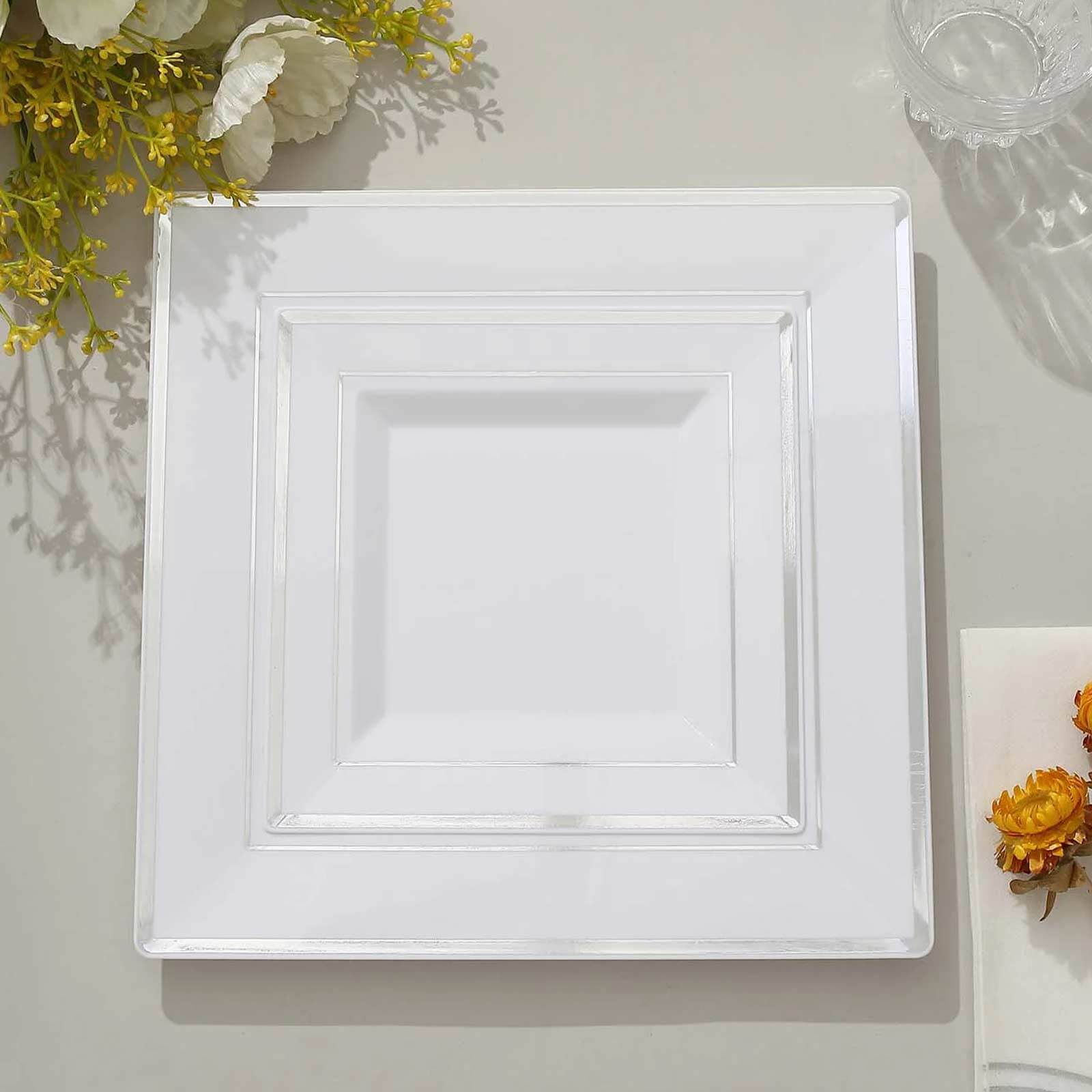 10-Pack Plastic Salad Dessert Plates White Square with Silver Trim - Durable Disposable Appetizer Plates 7"