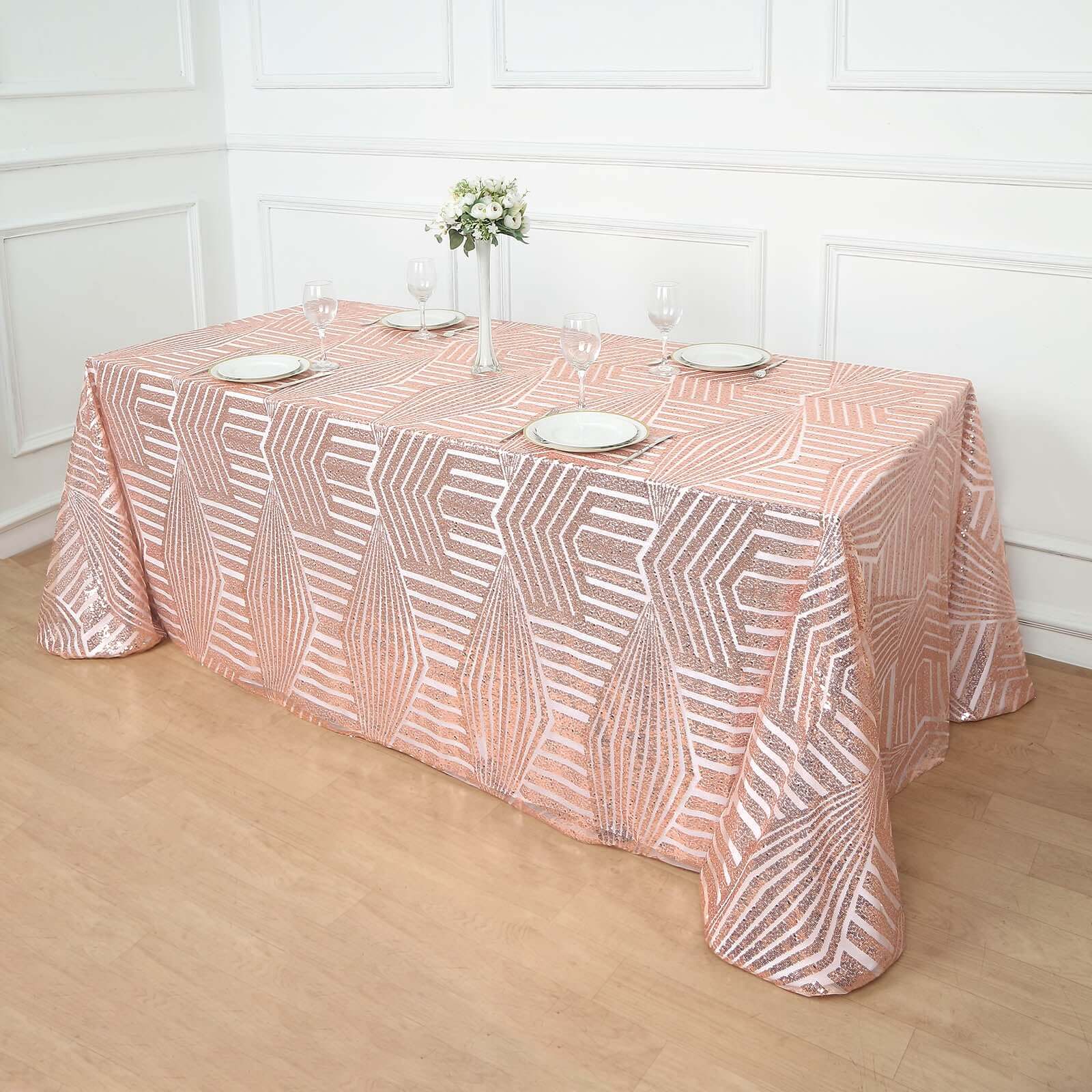 Sequin 90"x132" Rectangle Tablecloth Rose Gold - Seamless Diamond Table Cover