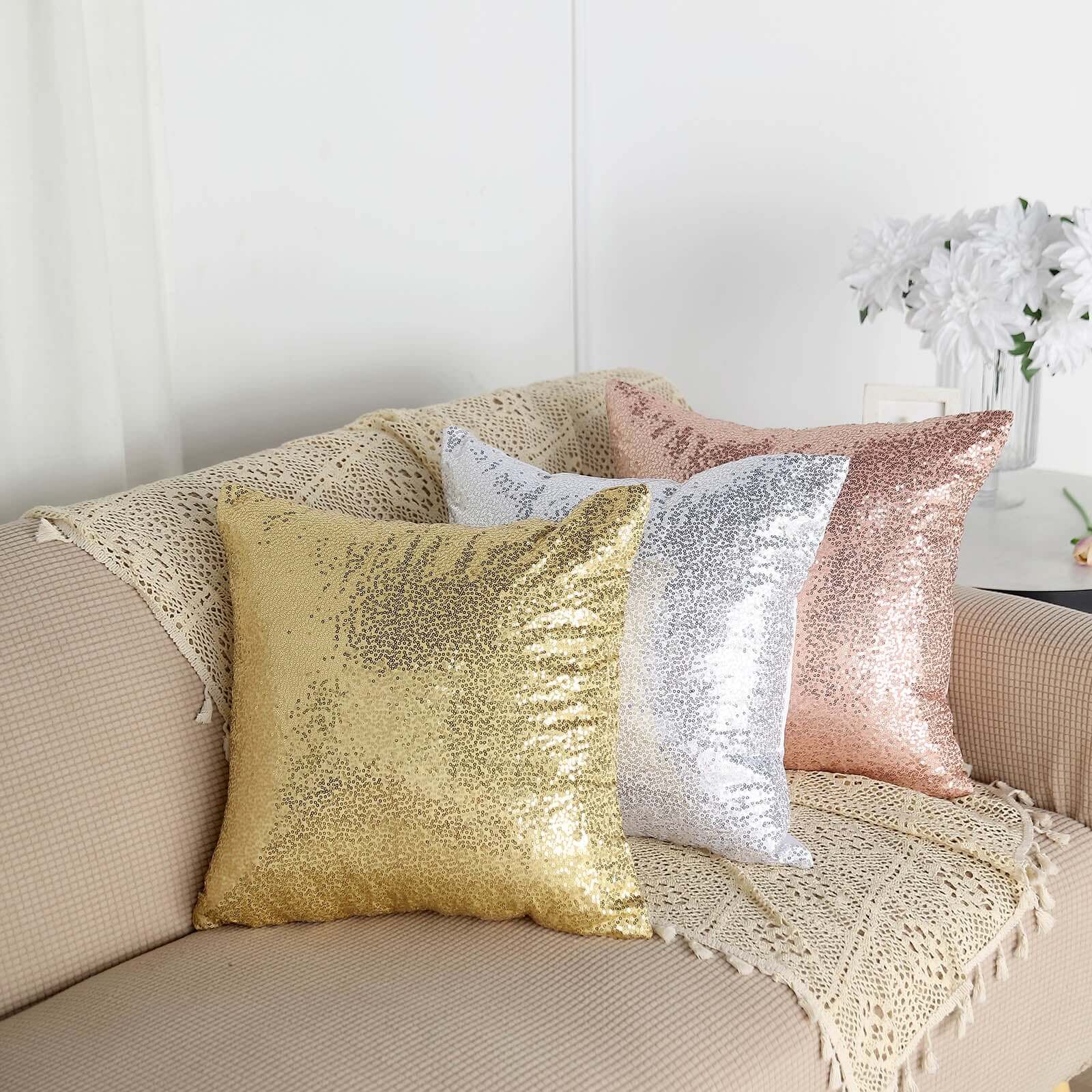 2 Pack 18"x18" Sequin Throw Pillow Cover, Decorative Cushion Case - Square Champagne Sequin