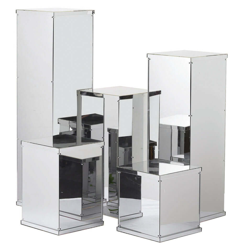Set of 5 Silver Mirror Finish Acrylic Display Boxes, Pedestal Risers with Interchangeable Lid and Base - 12",16",24",32",40"