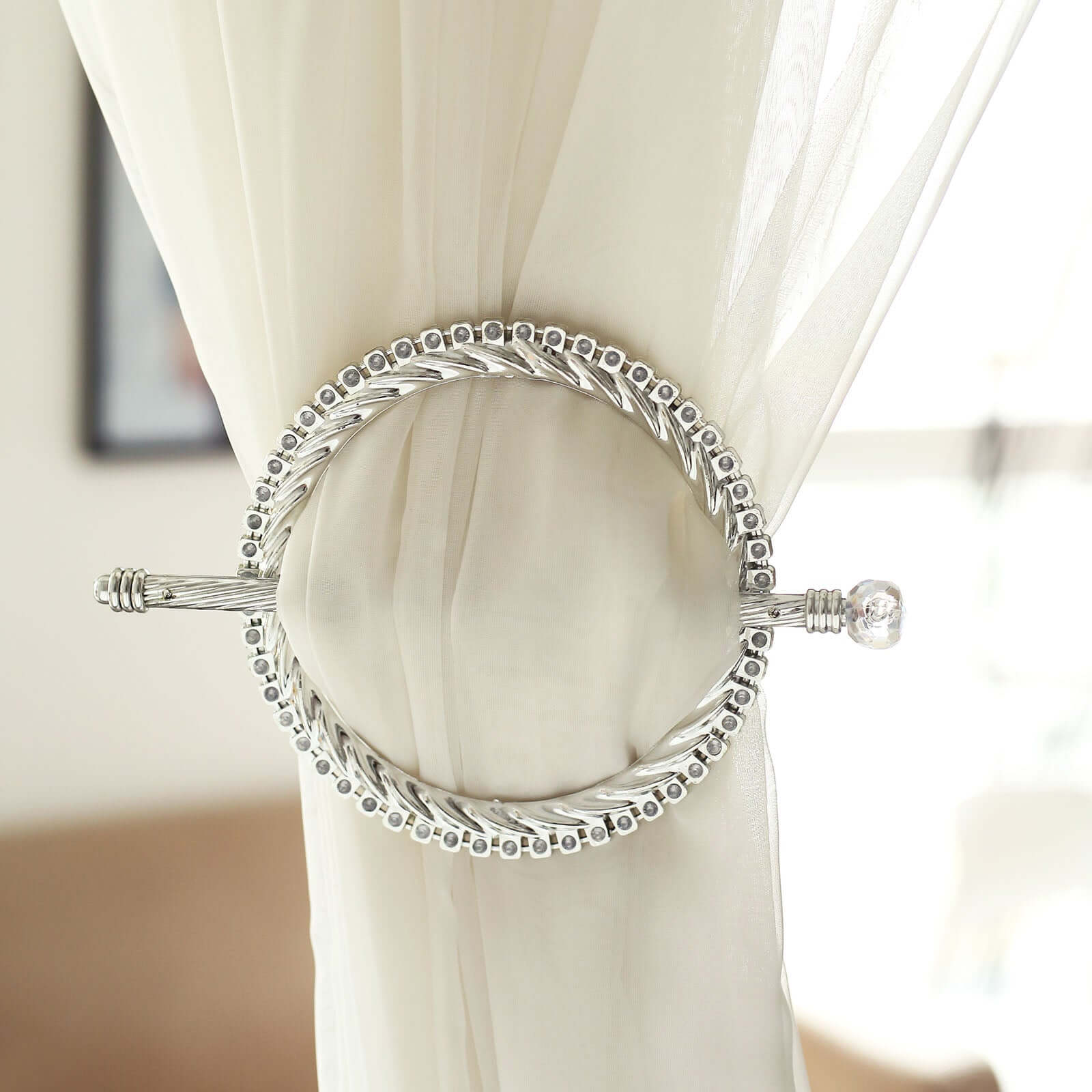 Set of 2 6" Silver Acrylic Braided Barrette Style Curtain Tie Backs With Crystal Diamond Studded Edge, Round Backdrop Drapery Brooch Holdbacks