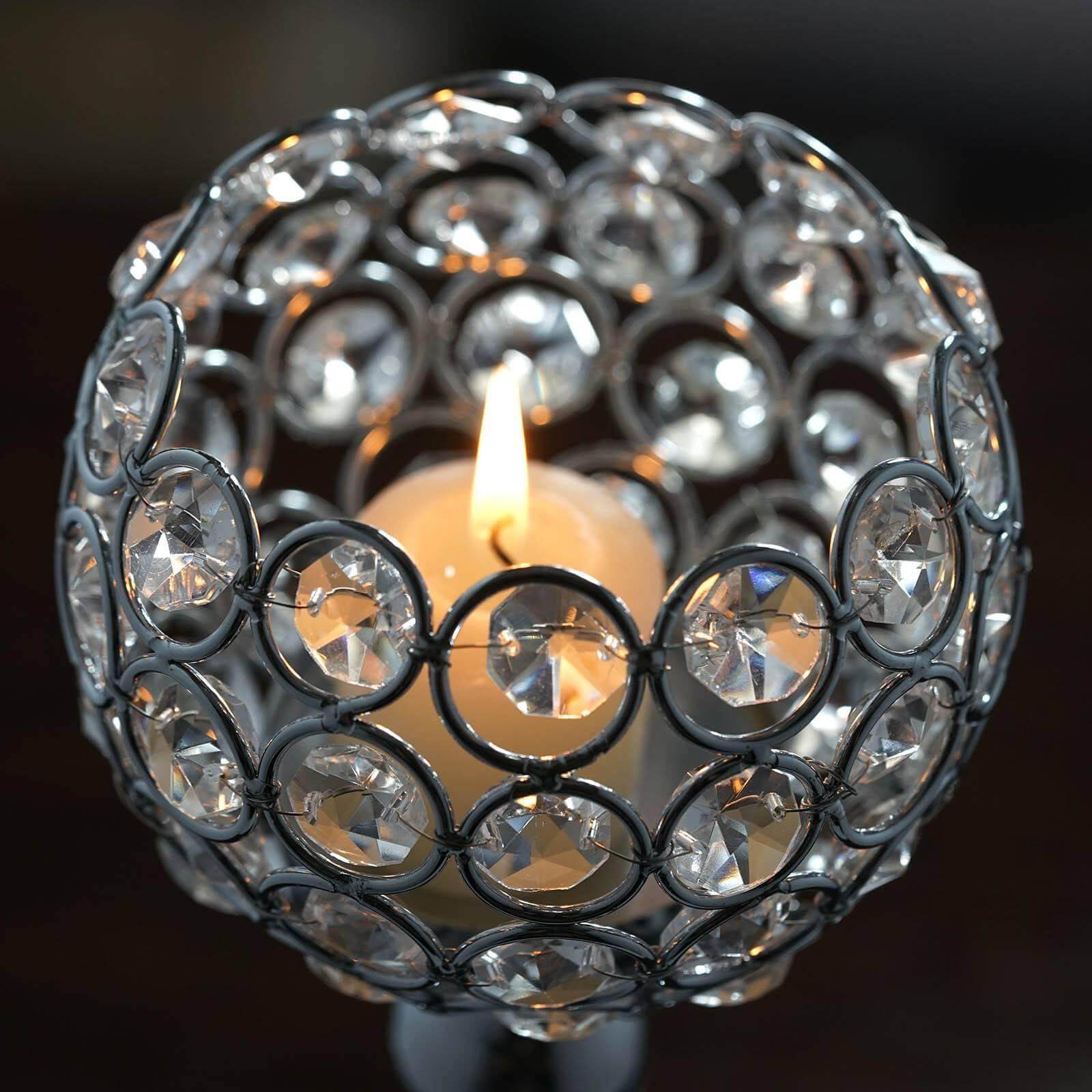 16" Tall Silver Crystal Votive Pillar Candle Holder, Metal Tealight Round Candle Stand