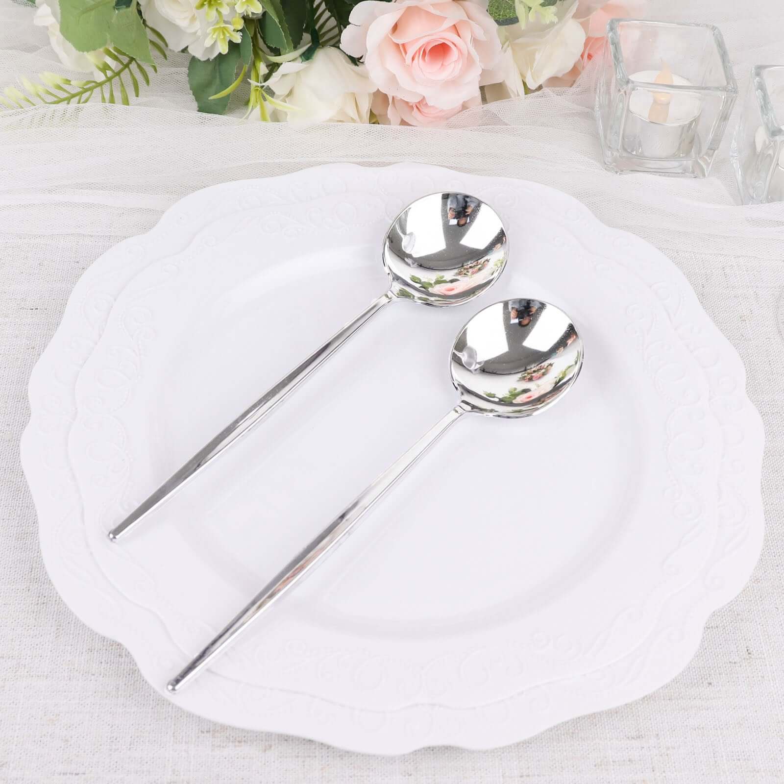 24-Pack Plastic Spoons Glossy Silver - Premium Heavy Duty Disposable Silverware 8"