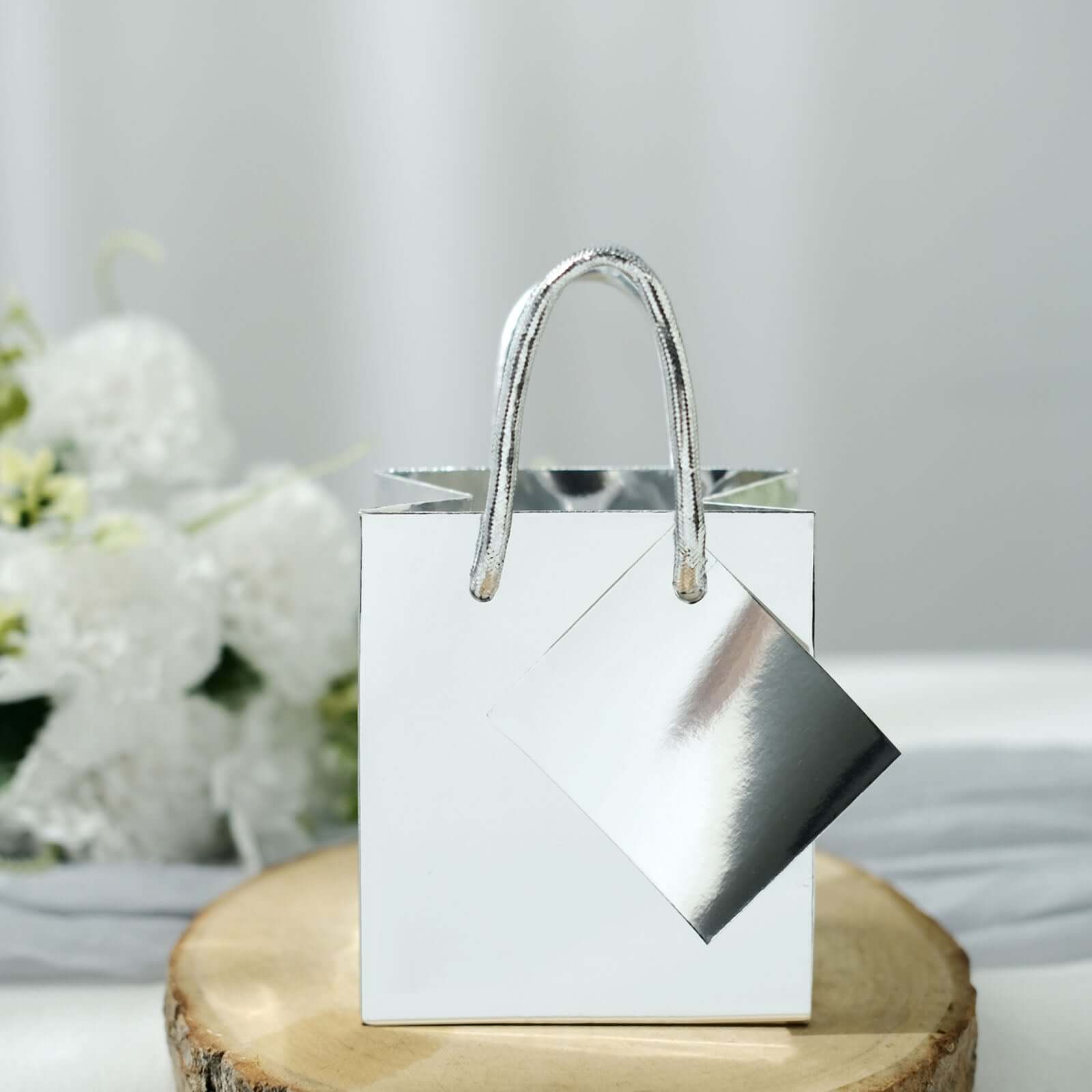 12 Pack 5" Shiny Metallic Silver Foil Paper Party Favor Bags With Handles, Small Gift Wrap Goodie Bags