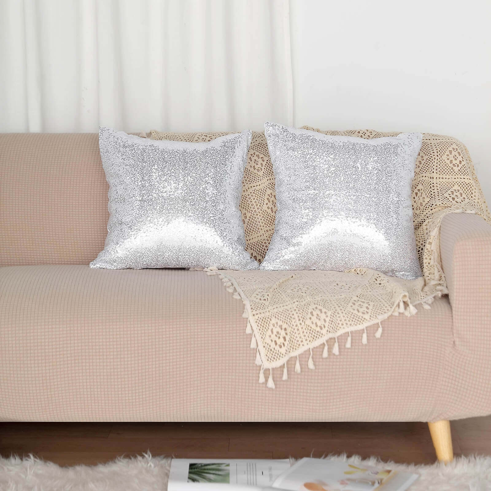 2 Pack 18" Silver Sequin Decorative Square Throw Pillow Cover