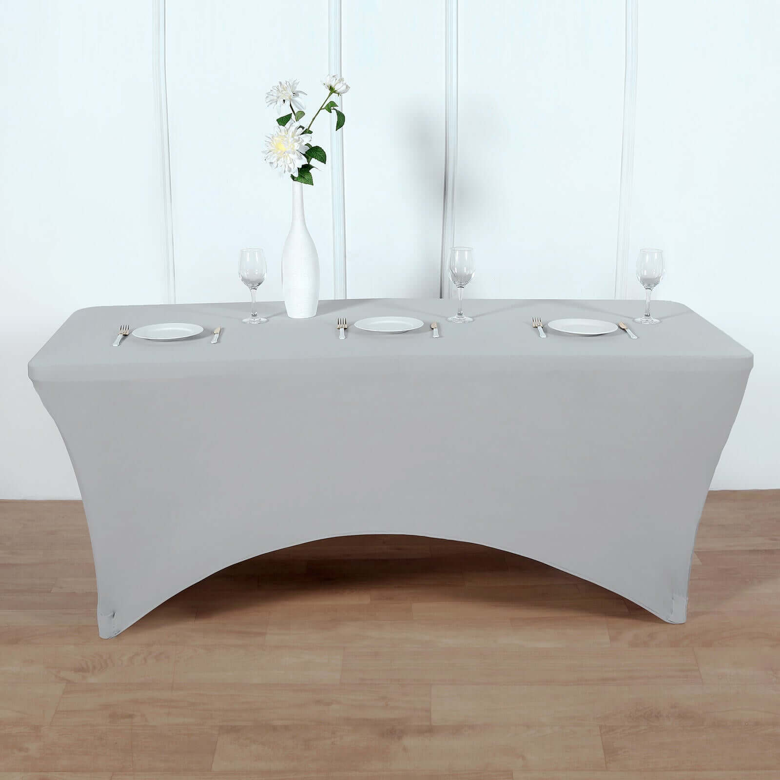 Stretch Spandex 96"x30" Rectangle Table Cover Silver - Durable Form-Fitting Tablecloth