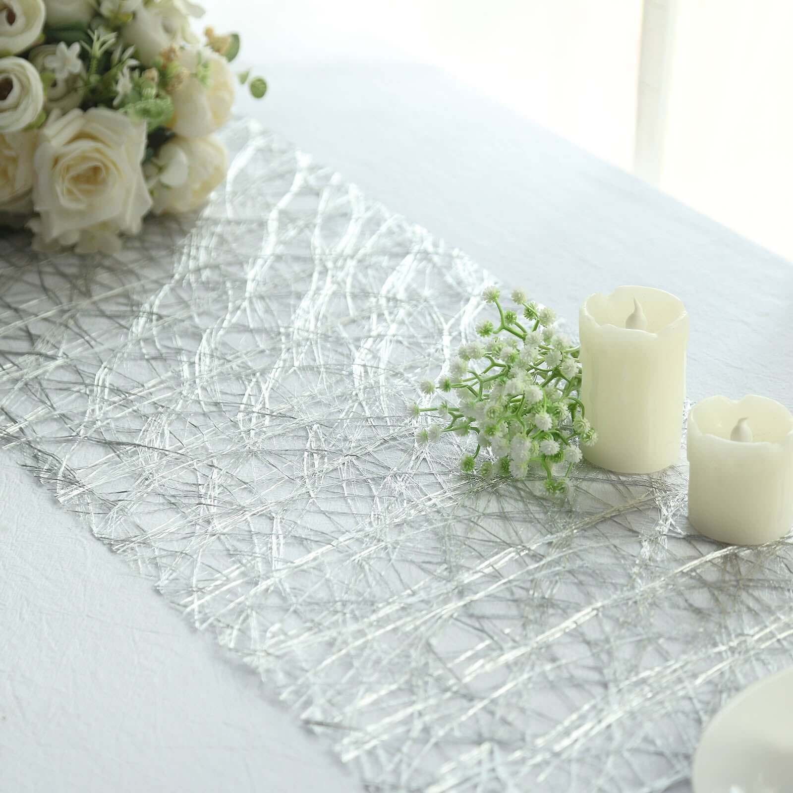 Polyester 12"x108" Table Runner Metallic Silver Disposable Non-Woven Fiber Roll - Stylish & Chic Table Decor