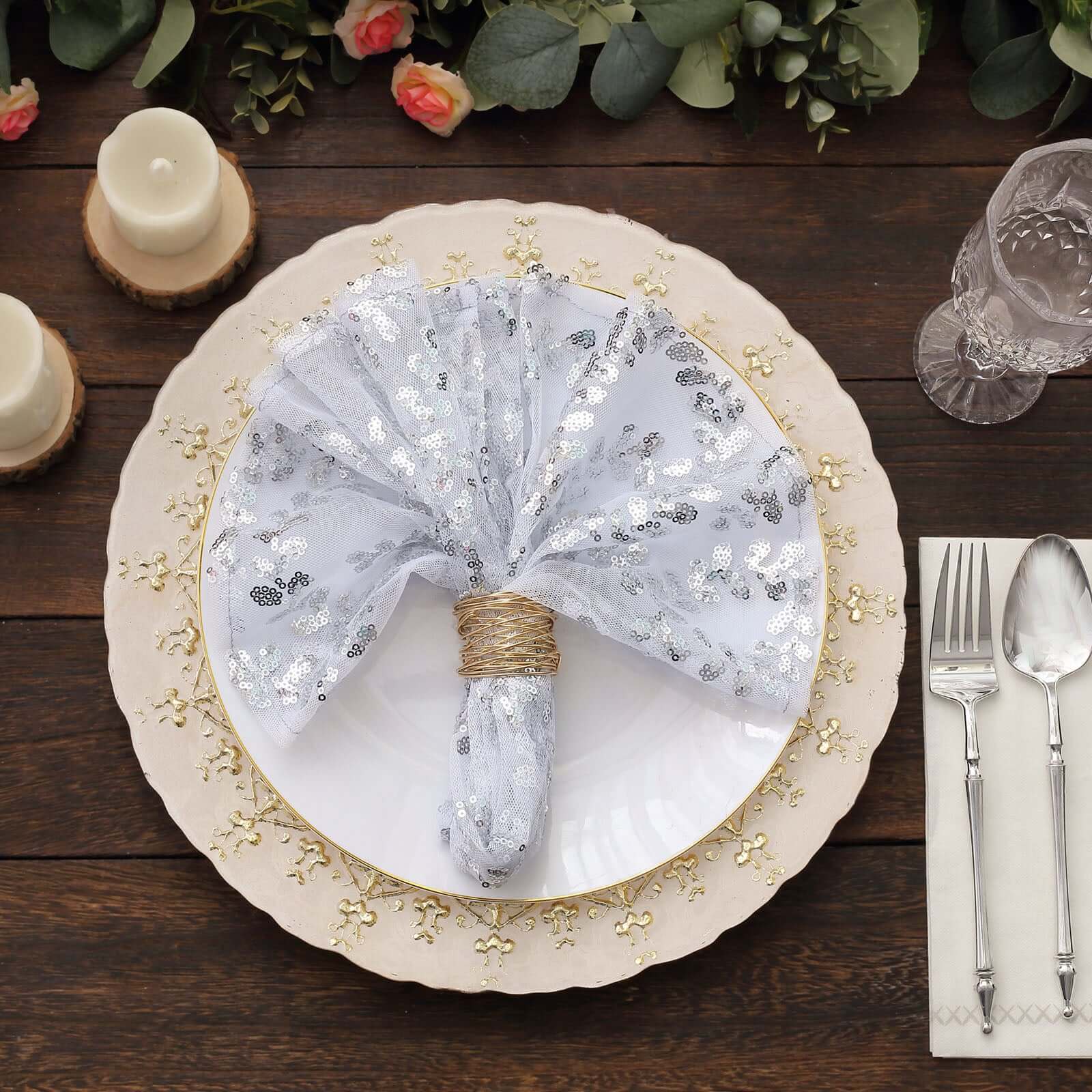 Sequin Tulle 20"x20" Napkin Silver - Embroidered Leaf Vine Dinner Napkins