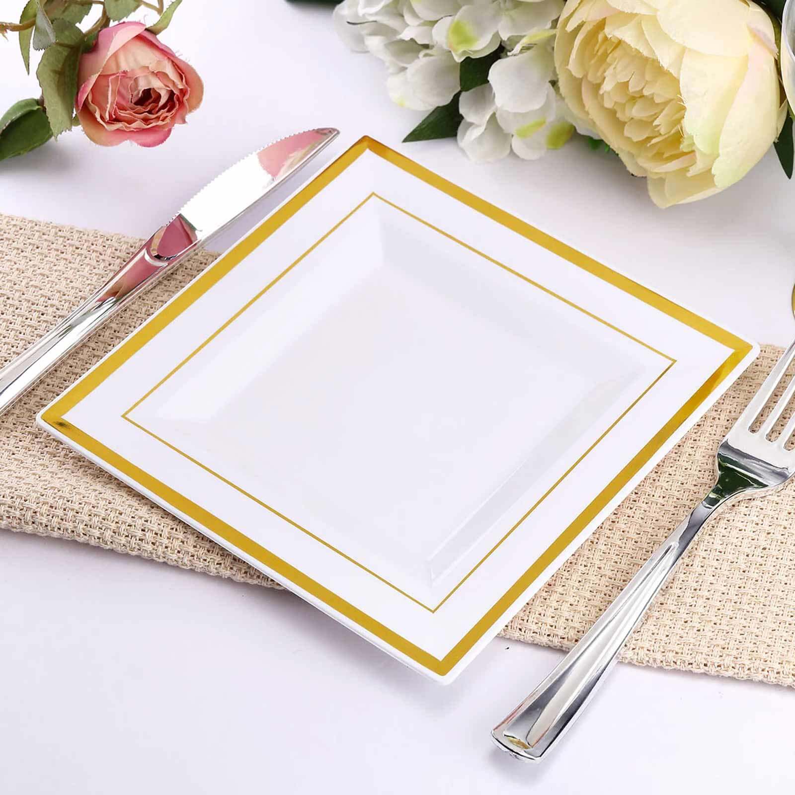 10-Pack Plastic Salad Dessert Plates White Square with Gold Trim - Durable Disposable Appetizer Plates 7"