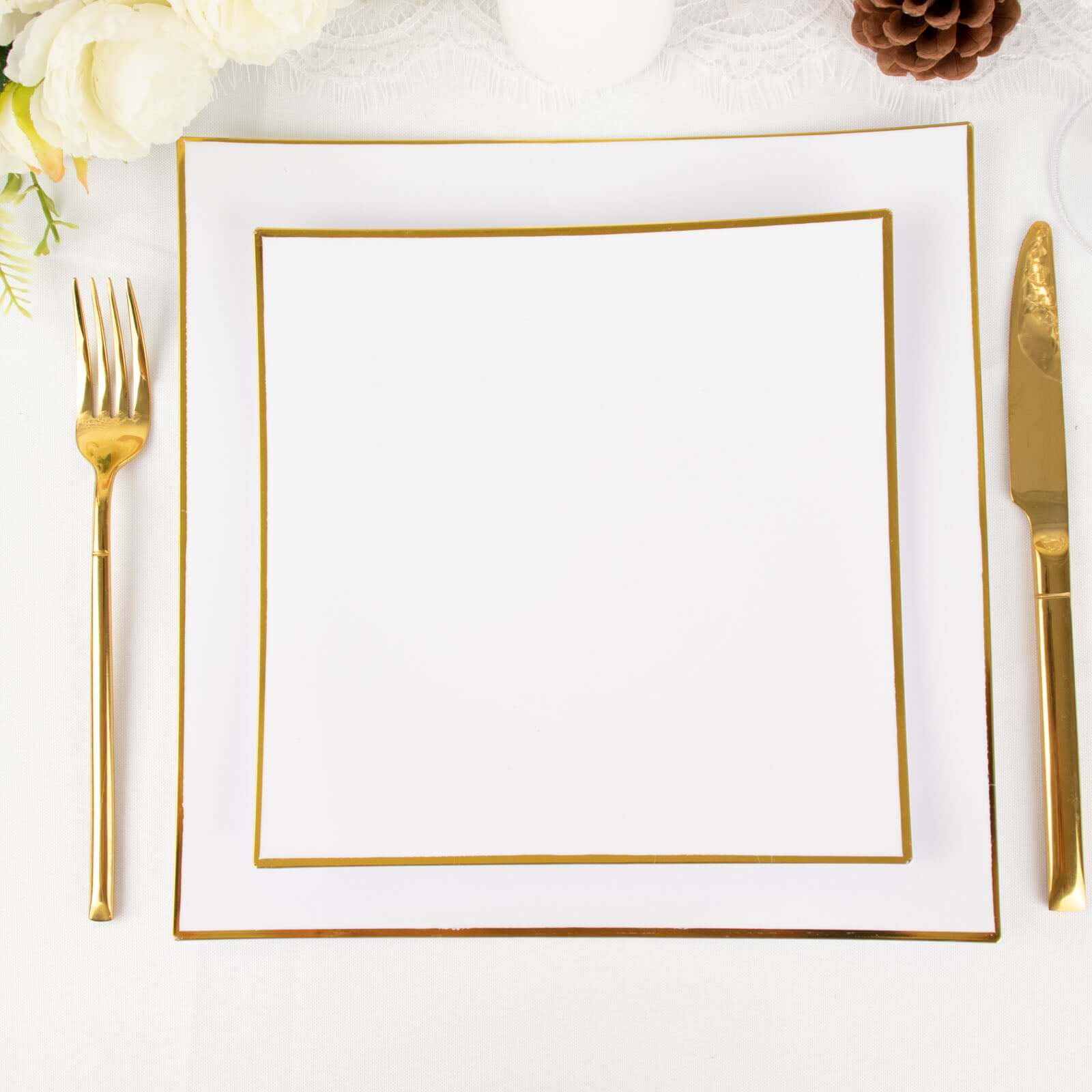 10-Pack Plastic 8" Square Dessert Plates in White Concave Style with Gold Rim - Modern Disposable Salad Appetizer Party Plates for Weddings & Special Events