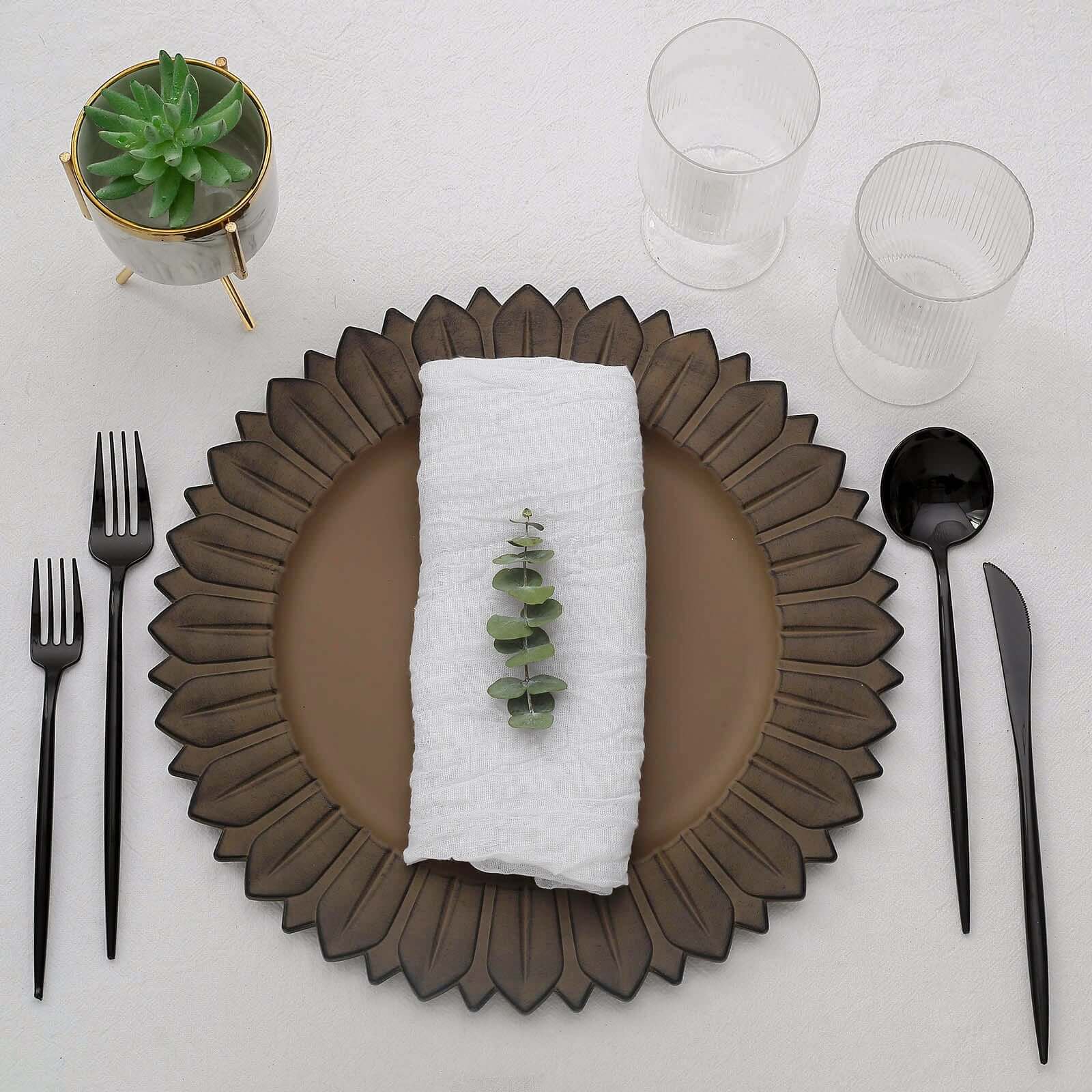 6-Pack Plastic Round Charger Plates 13" in Natural with Sunflower Rim, Matte Finish Disposable Dinner Charger Tableware