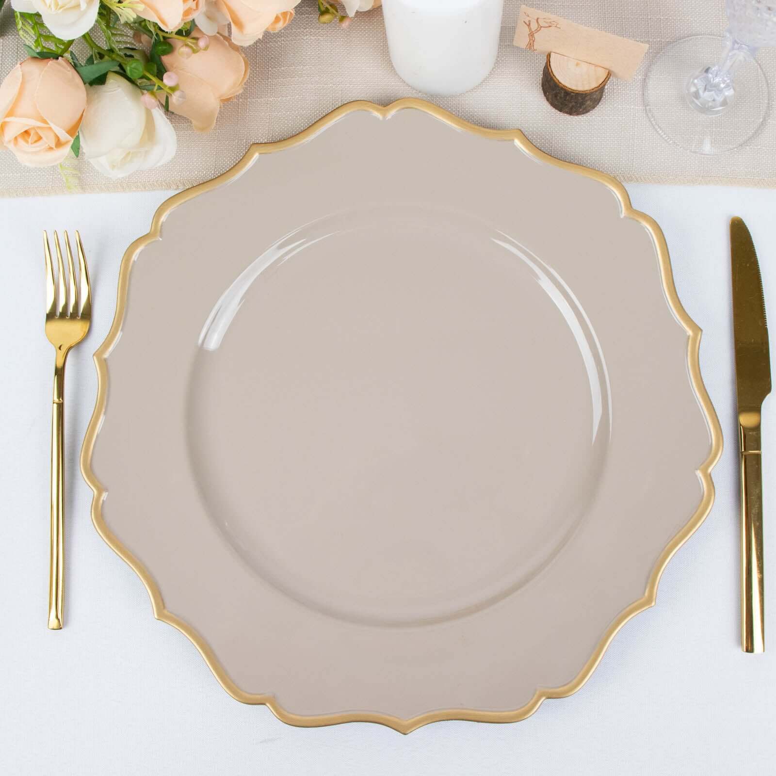 6-Pack Acrylic Round Charger Plates 13" in Taupe with Gold Scalloped Rim, Decorative Dinner Party Plastic Charger Tableware