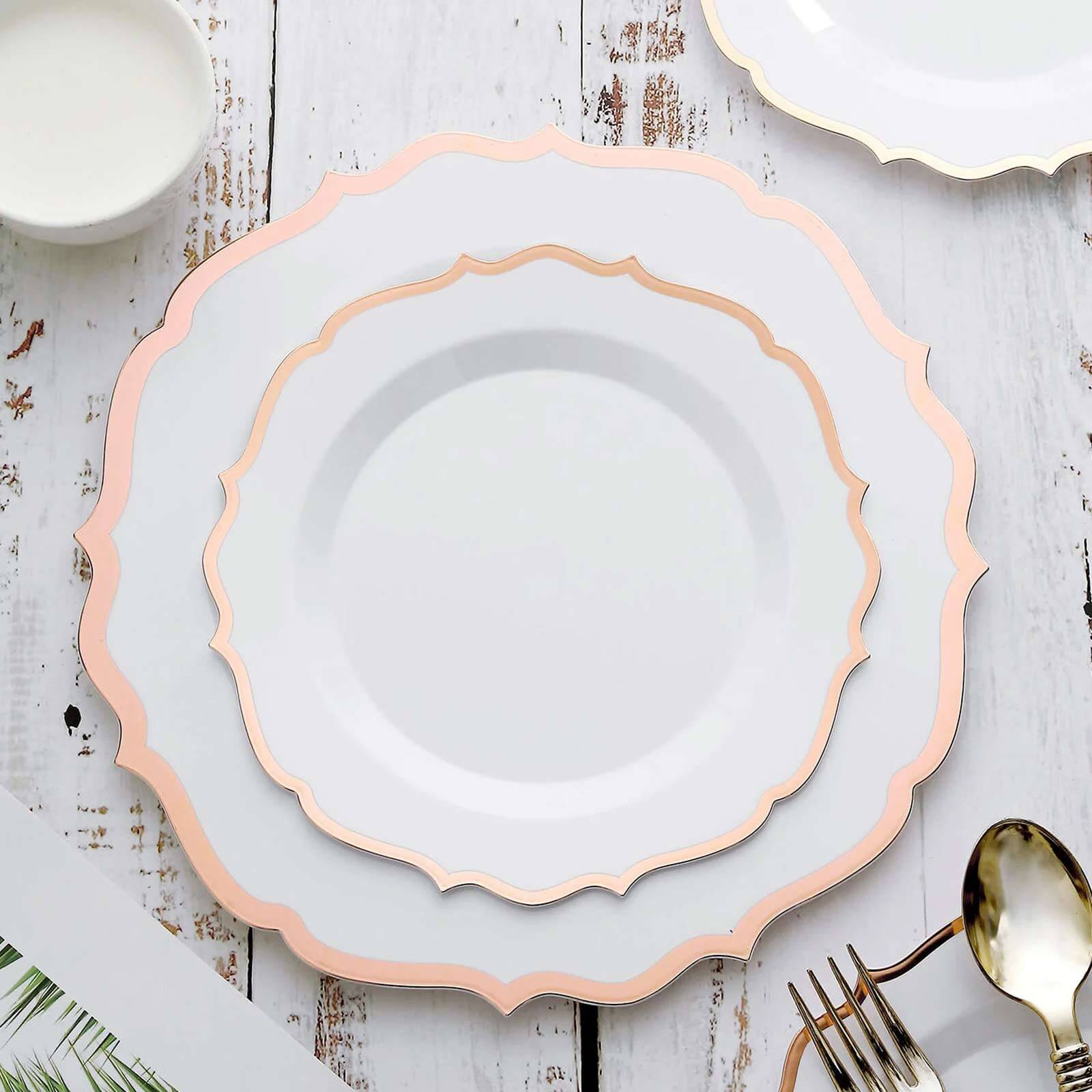 10-Pack Plastic 8" Round Desert Plates in White with Rose Gold Scalloped Rim - Disposable Appetizer/Salad Plates