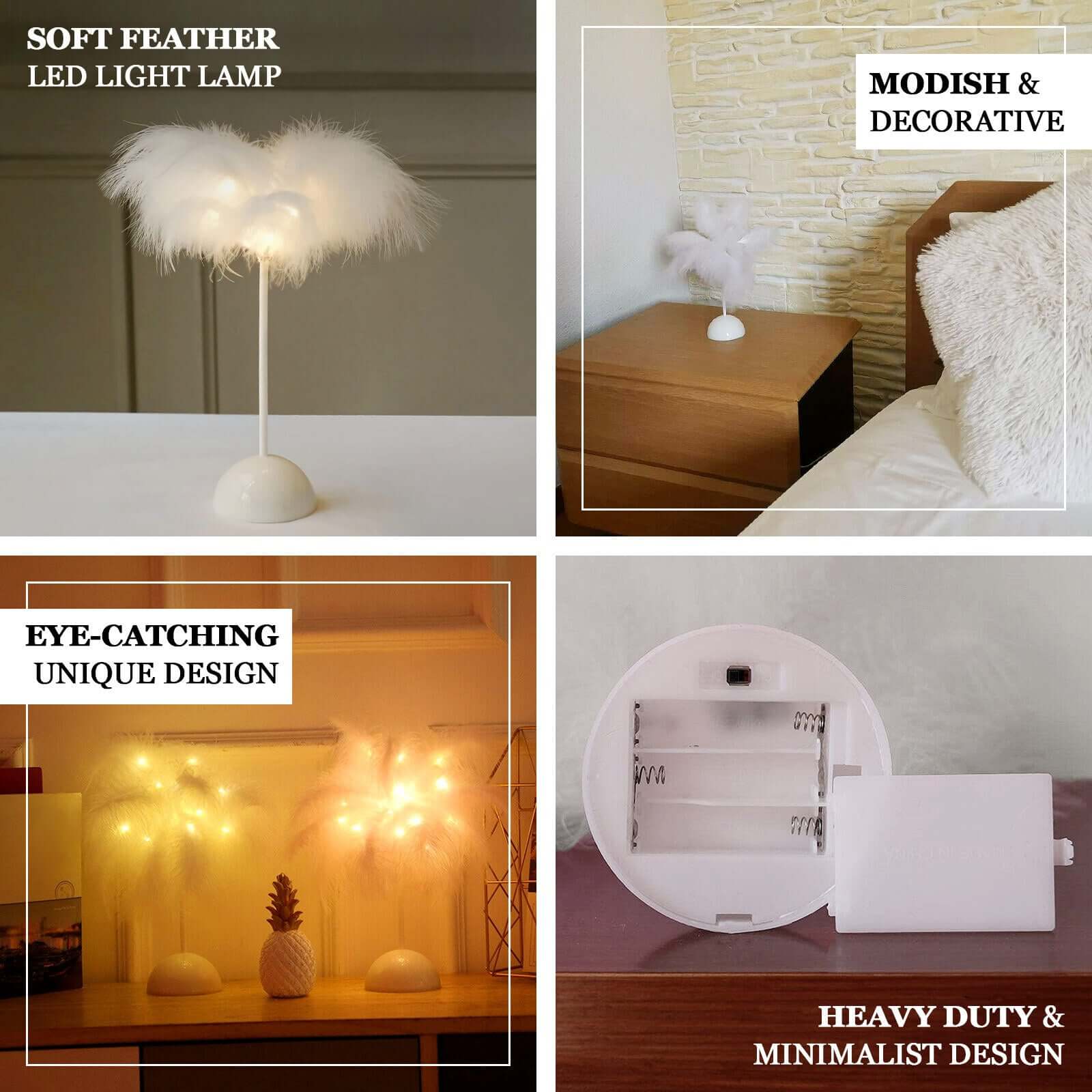 Table Lamp Feather Design Natural LED Battery Operated - Cordless Wedding Centerpiece 15"