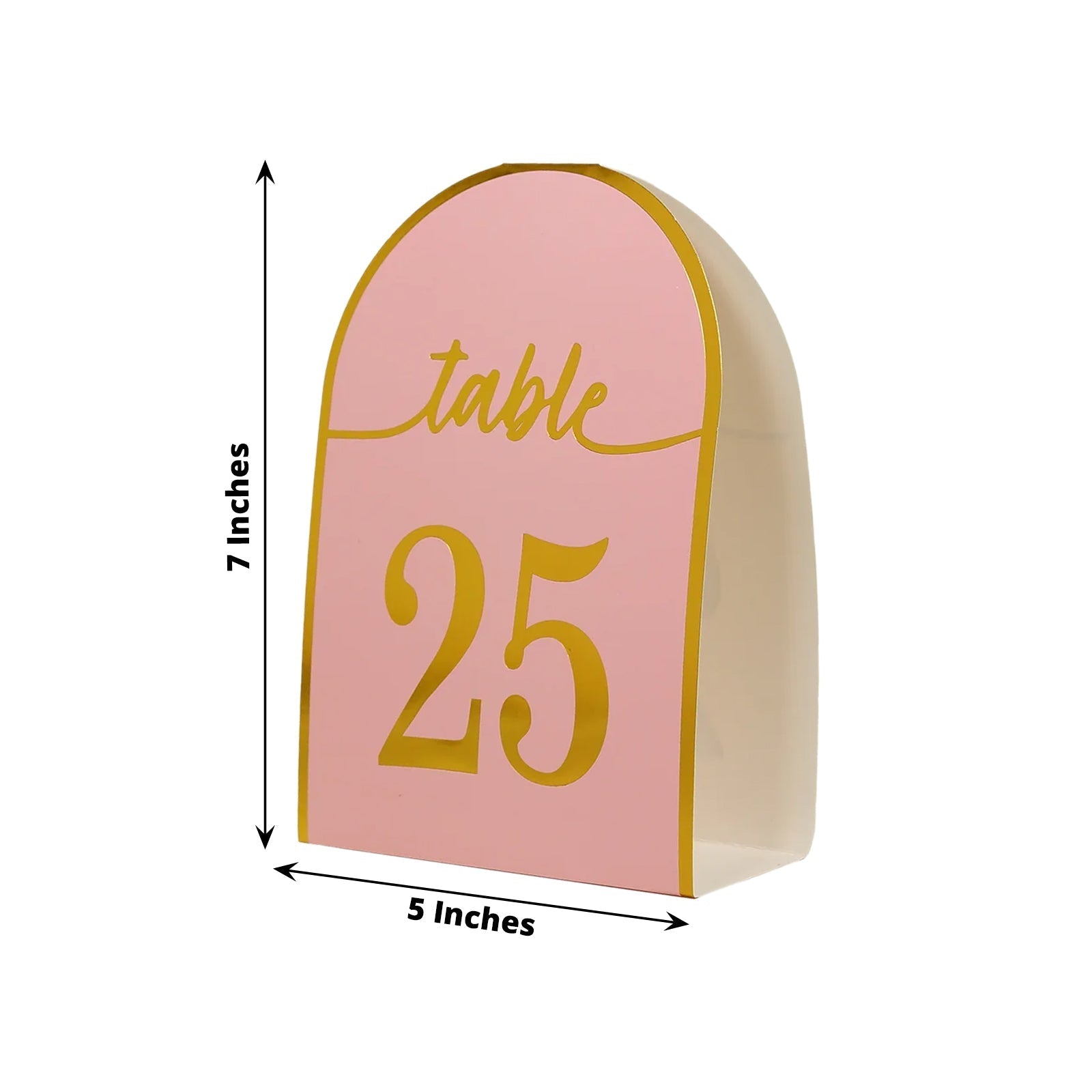 25-Pack Paper Wedding Table Numbers 1-25 Blush Arch Cutout Design - Sleek & Modern Free Standing Double Sided Table Tent Cards with Metallic Gold Foil Numbers 7"