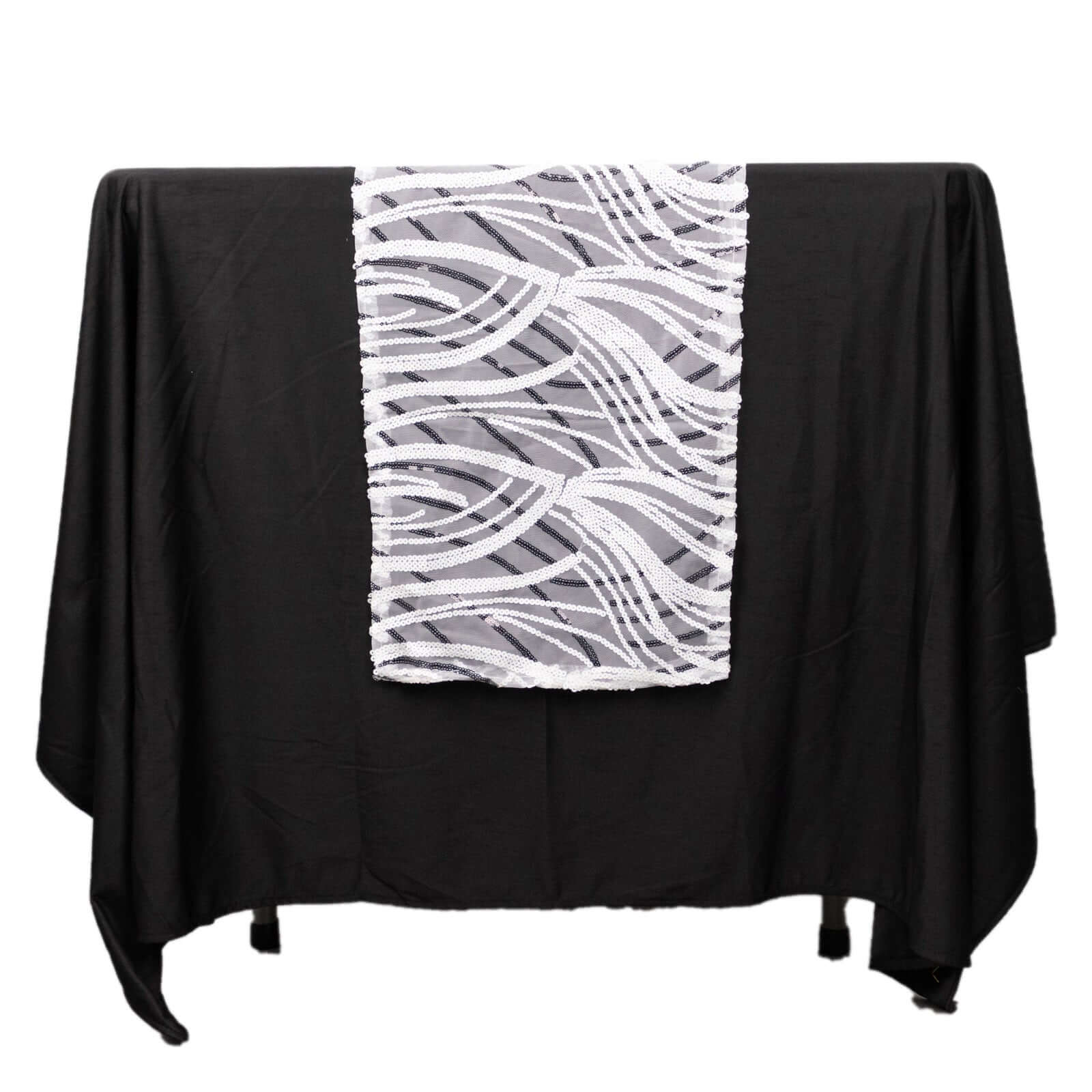 Sequin Mesh 12"x108" Table Runner White Black Stylish Wave Embroidery