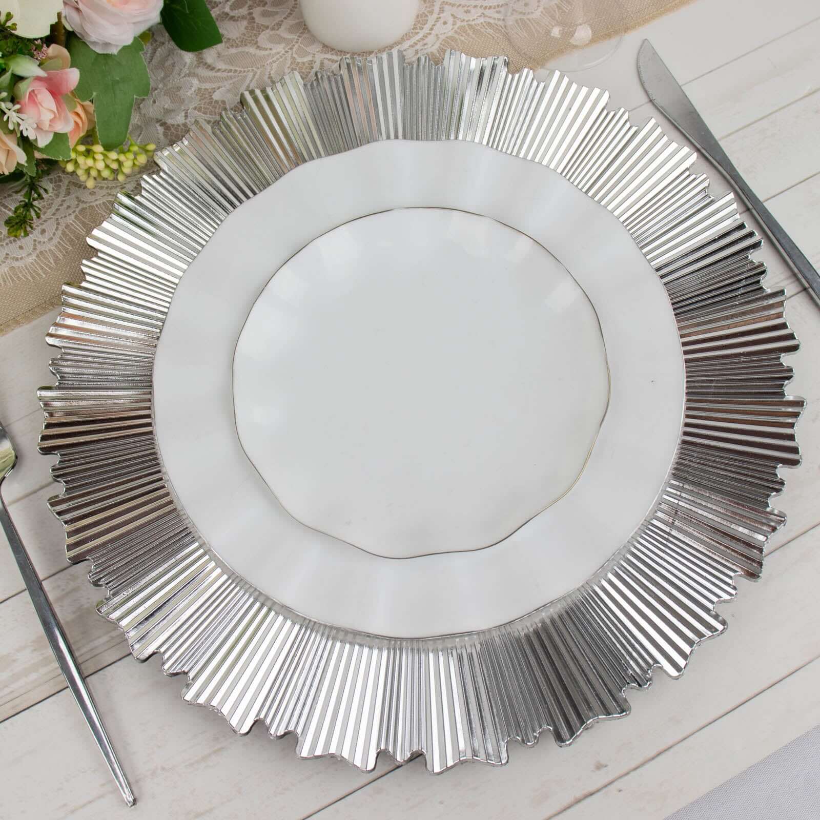 6-Pack Acrylic Plastic Round Charger Plates 13" in Metallic Silver with Sunray Scalloped Rim, Decorative Dinner Party Charger Tableware