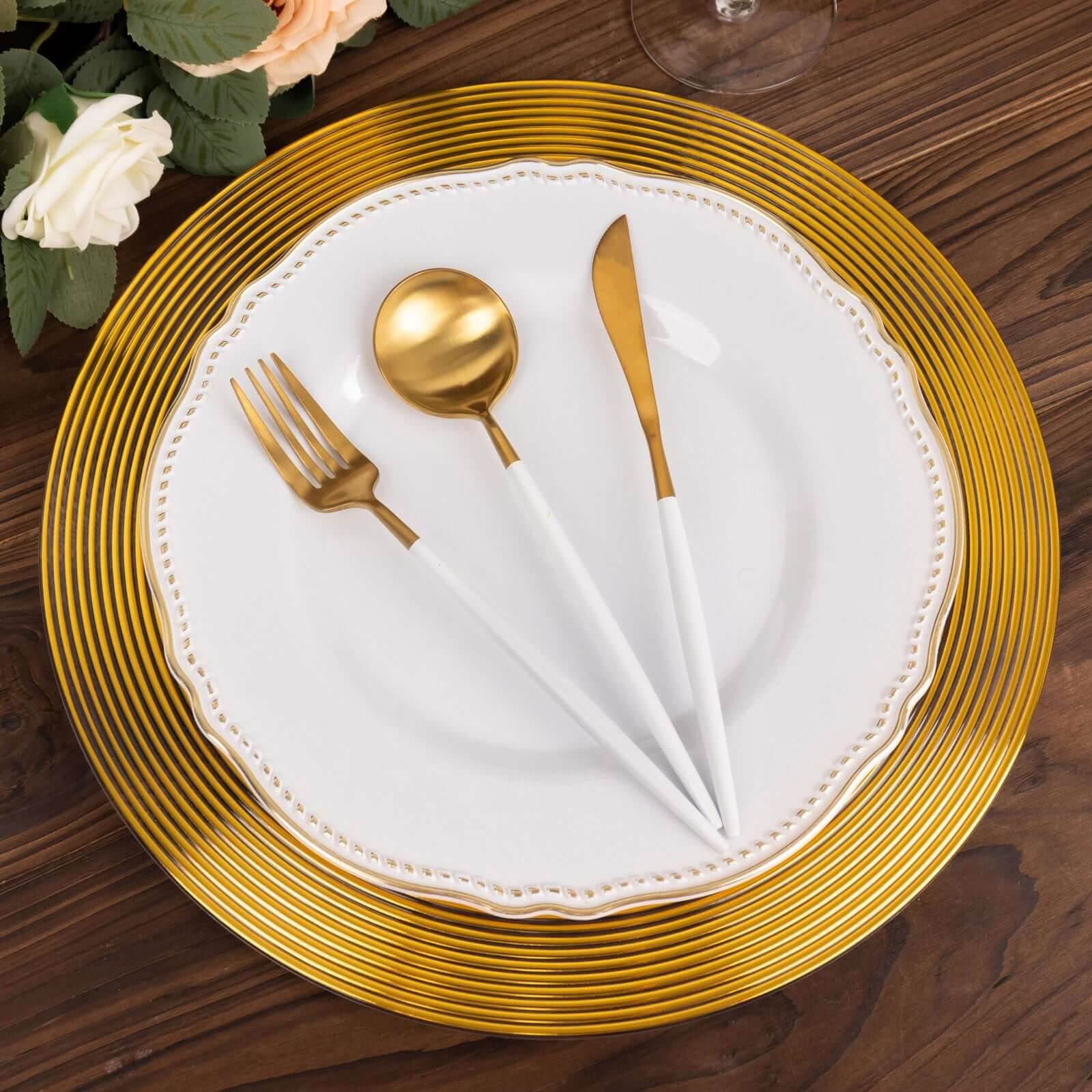 6-Pack Plastic Round Charger Plates 13" in Clear with Gold Lined Ring Rim, Classy Dinner Serving Plates