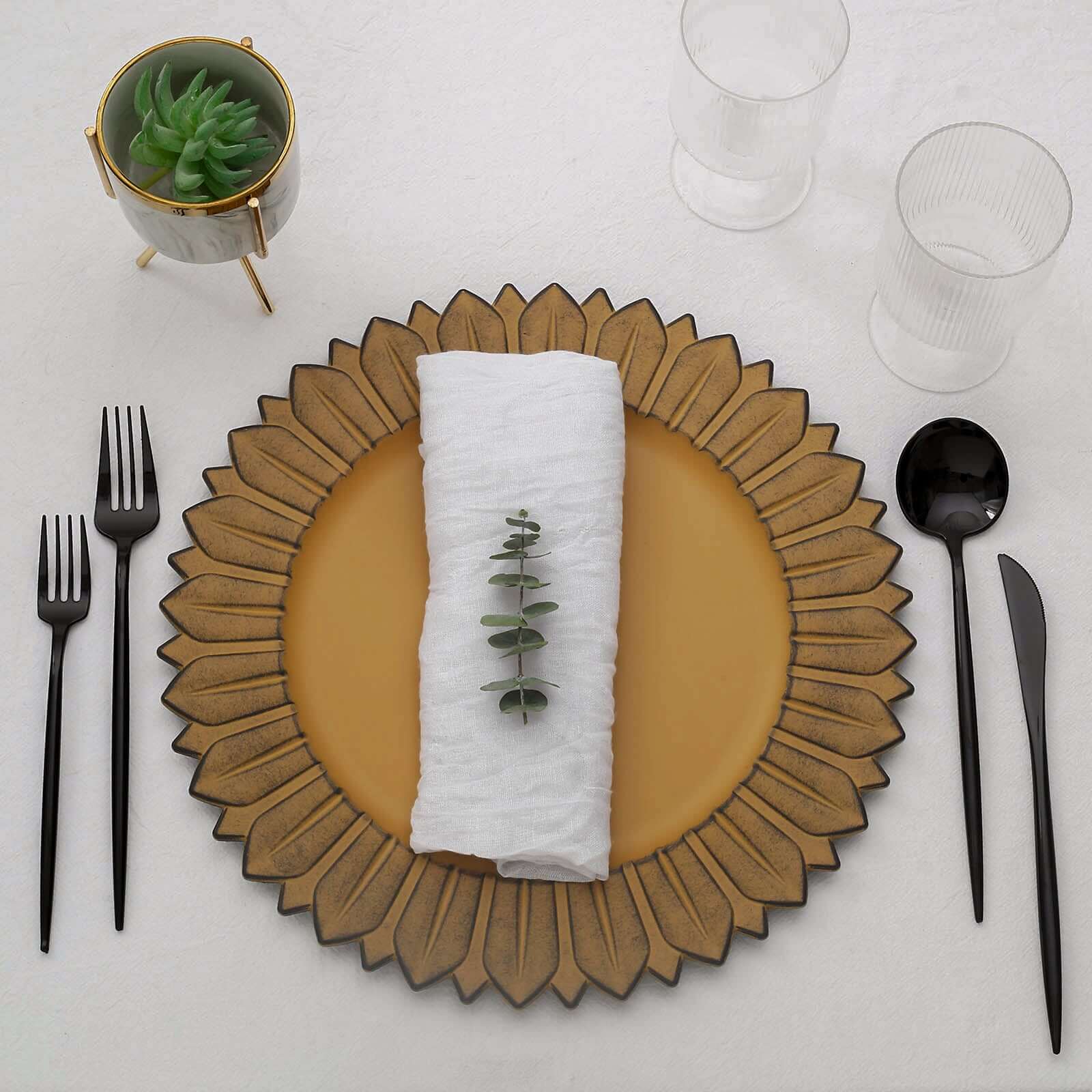6-Pack Plastic Round Charger Plates 13" in Mustard Yellow with Sunflower Rim, Matte Finish Disposable Dinner Charger Tableware