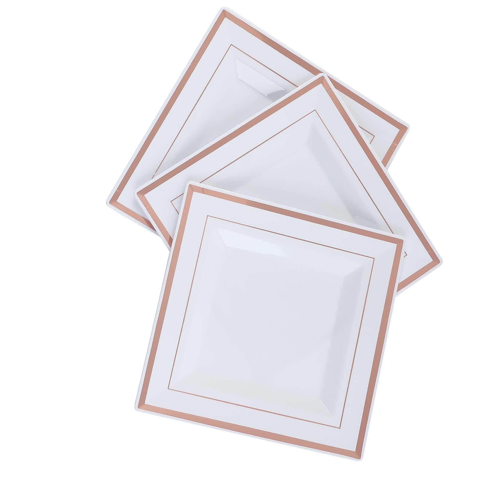 10-Pack Plastic Salad Dessert Plates White Square with Rose Gold Trim - Durable Disposable Appetizer Plates 7"