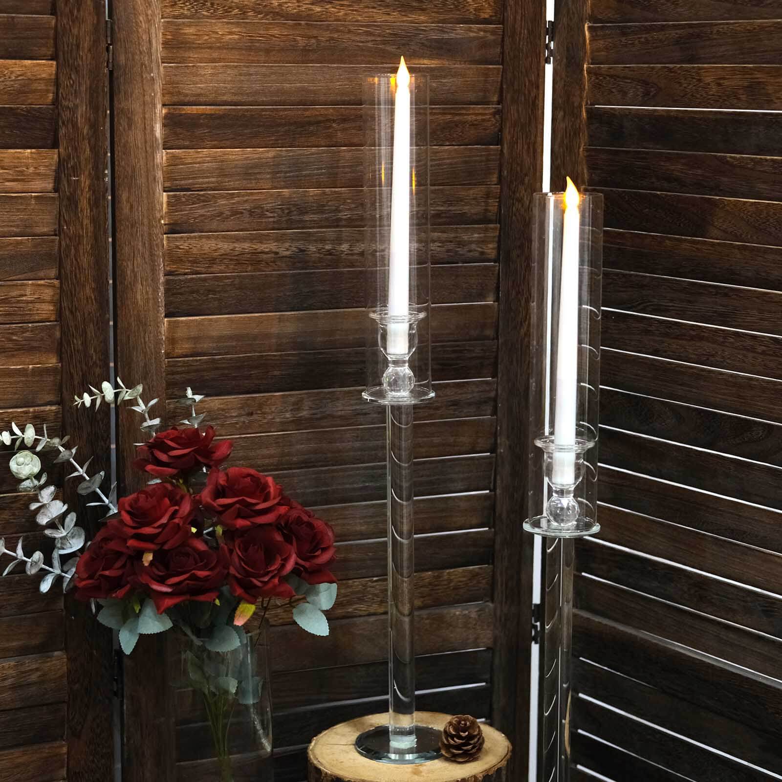 2-Pack Crystal Glass Hurricane Taper Candle Holders, Tall Decorative Candle Stands Clear Cylinder Chimney Tubes 26"