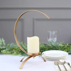 Moon Shaped Tealight Hurricane Candle Holder Gold Metal - Decorative Centerpiece Design 13"