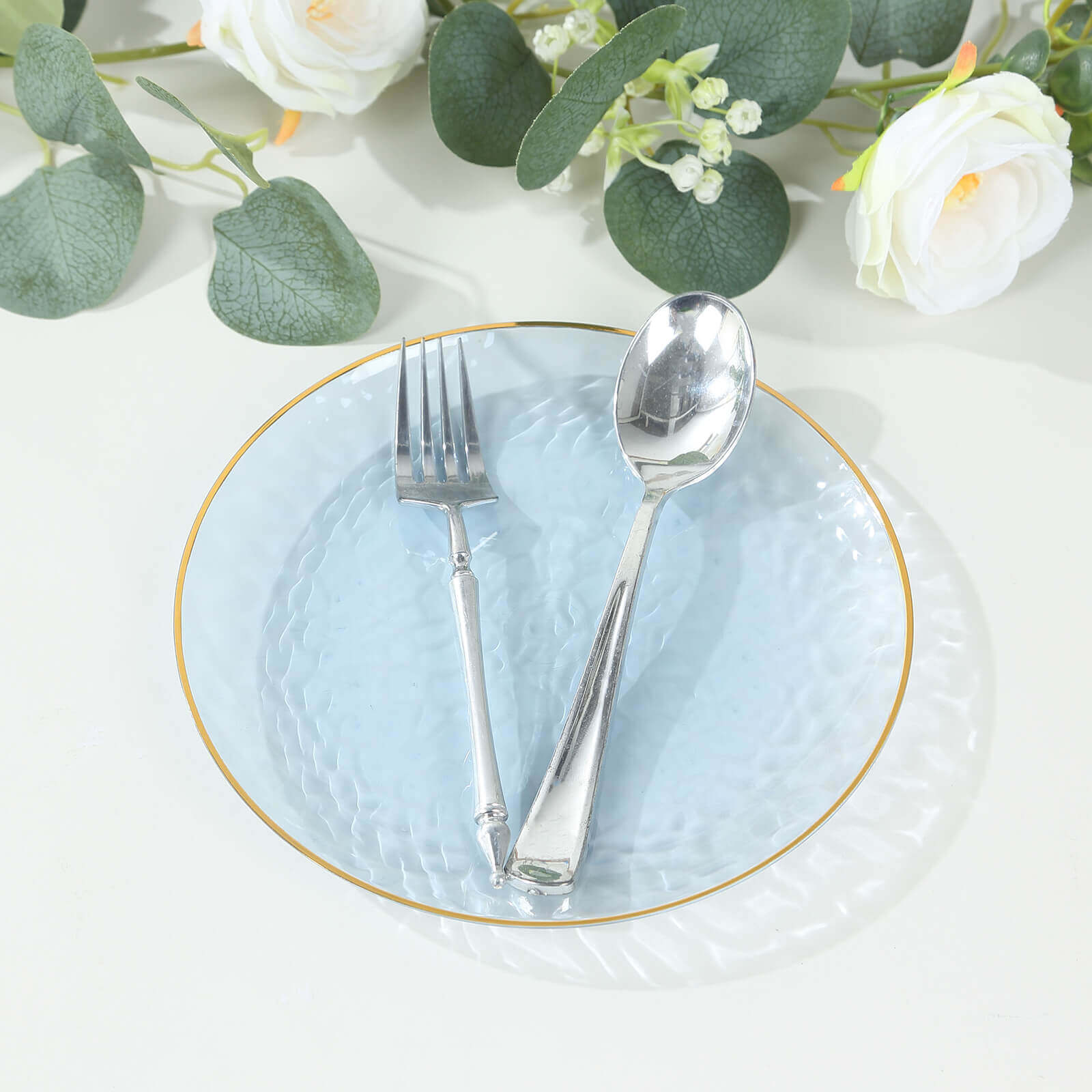 10-Pack Plastic 7" Round Dessert Appetizer Plates in Transparent Dusty Blue Hammered Design with Gold Rim - Modern Disposable Salad Plates