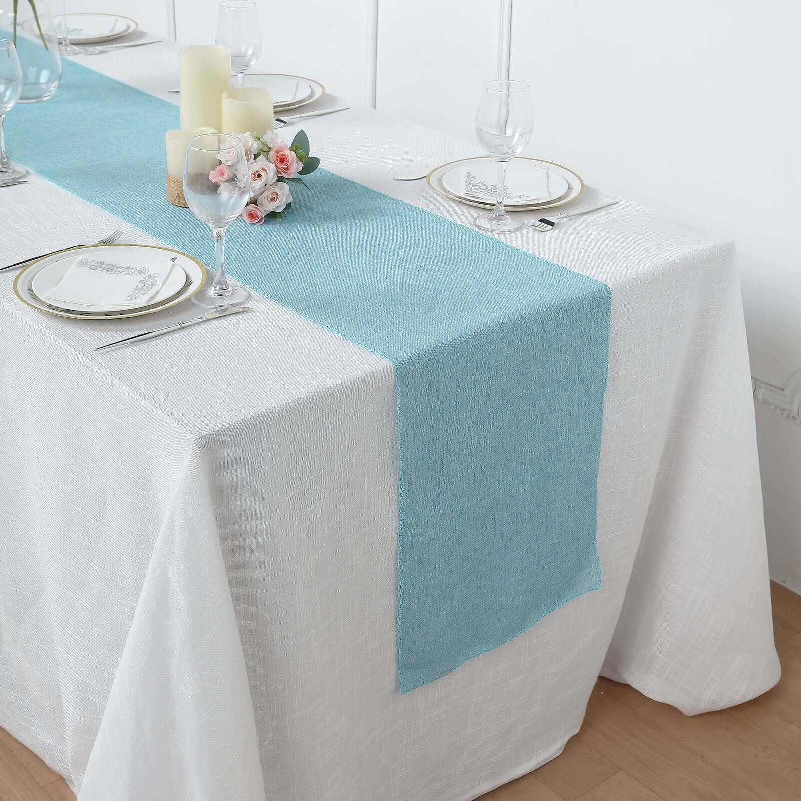 14"x108" Turquoise Boho Chic Rustic Faux Burlap Cloth Table Runner