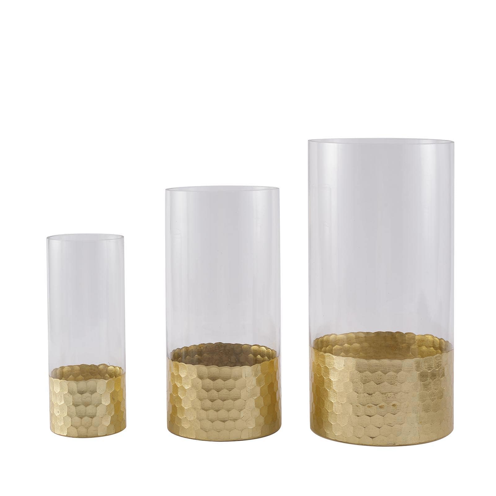 Set of 3 Clear Glass Cylinder Vases with Gold Honeycomb Base, Votive Tealight Candle Holder Set - 8",10",12"