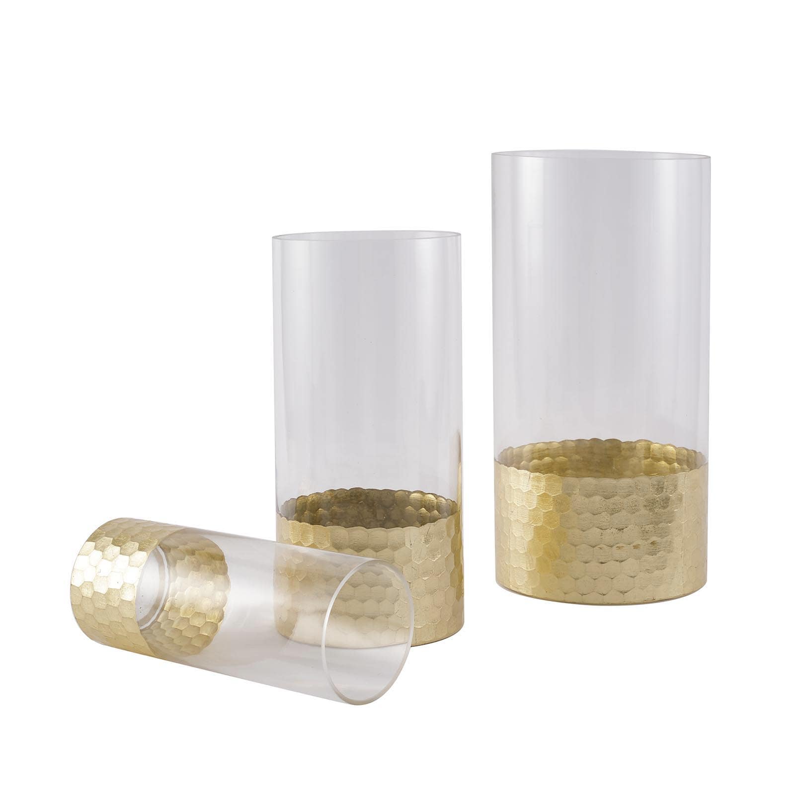 Set of 3 Clear Glass Cylinder Vases with Gold Honeycomb Base, Votive Tealight Candle Holder Set - 8",10",12"
