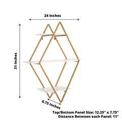 31" Geometric Diamond Shaped 3-Tier Gold Metal Dessert Cupcake Stand Rack, Wall Hanging Display Shelf Display, Book Shelf With White Wood Panels