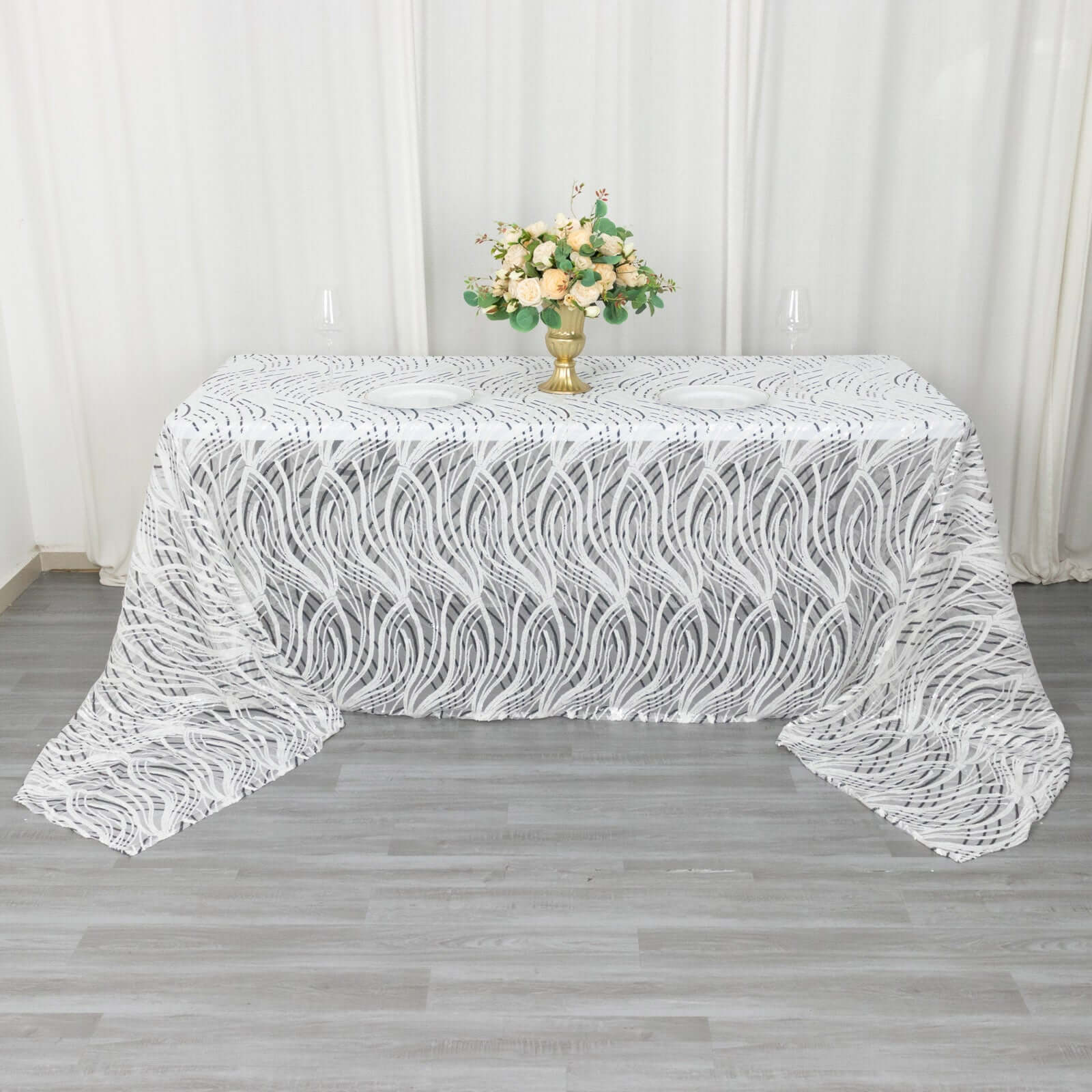 Mesh 90"x156" Rectangle Tablecloth White Black - Wave Sequin Embroidered Table Cover