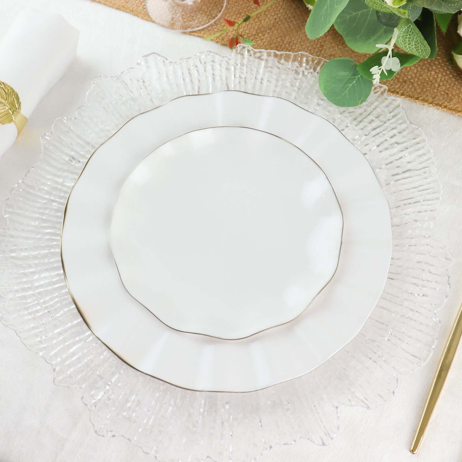 10-Pack Plastic Round 6" Dessert Plates in White Ruffled Rim with Gold Edging - Sturdy Disposable Salad Appetizer Dinnerware for Classy Events & Banquets
