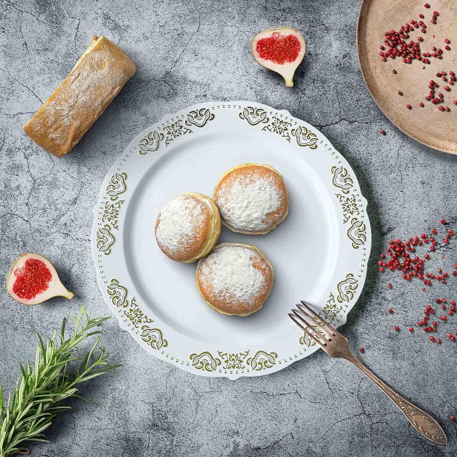 10-Pack Plastic 7.5" Round Appetizer Plates in White with Gold Embossed Scalloped Edge - Chic Disposable Salad Plates for Special Occasions & Banquets