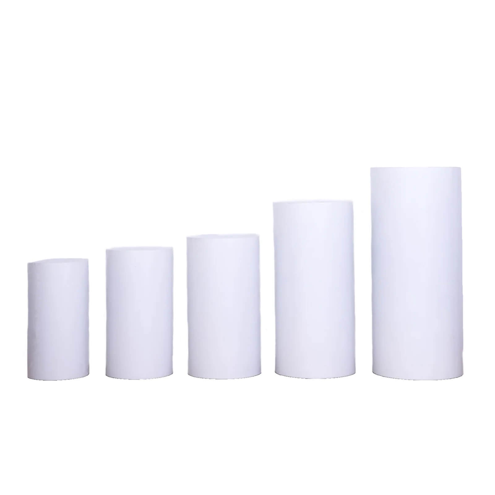 Set of 5 White Metal Cylinder Pillar Prop Stands For Wedding Aisle, Round Plinth Pedestal Display Boxes - 20", 22", 24", 30", 34"