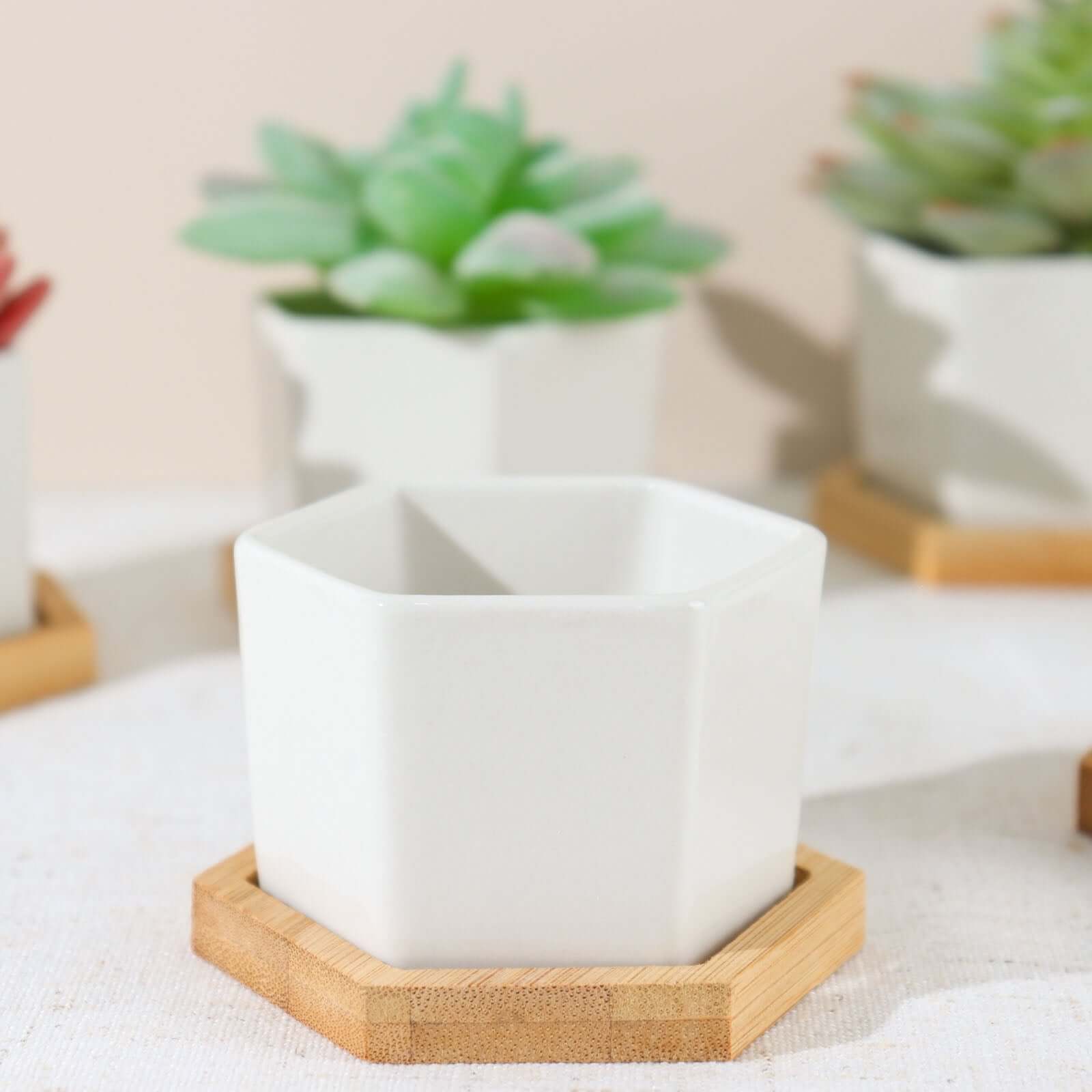 6-Pack Planter Pots Geometric Hexagon Design White - Ceramic Pots with Bamboo Tray and Removable Bottom 3"