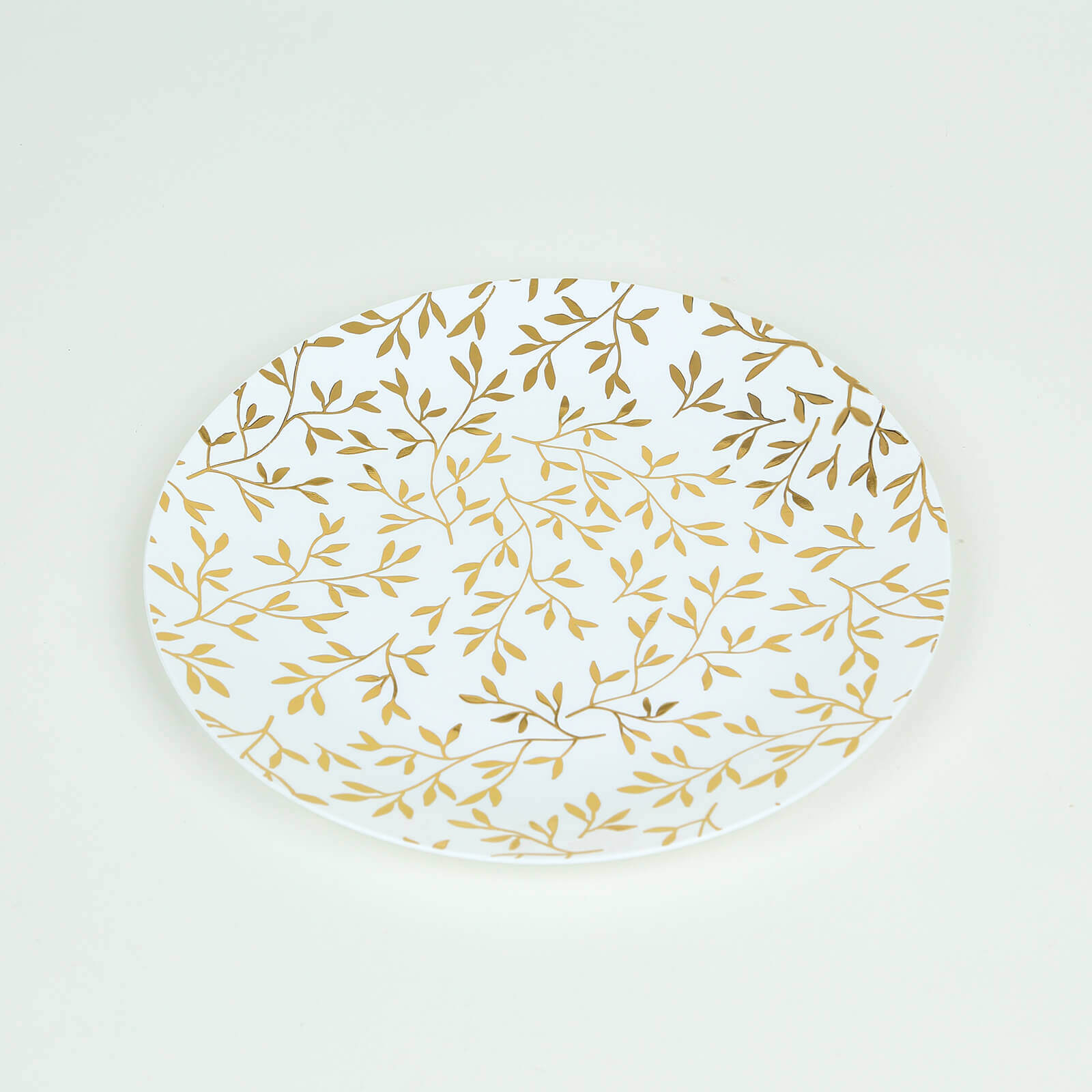 10-Pack Plastic 8" Round Salad Dessert Plates in White with Gold Leaf Design - Heavy Duty Disposable Party Plates for Stylish Events & Memorable Gatherings