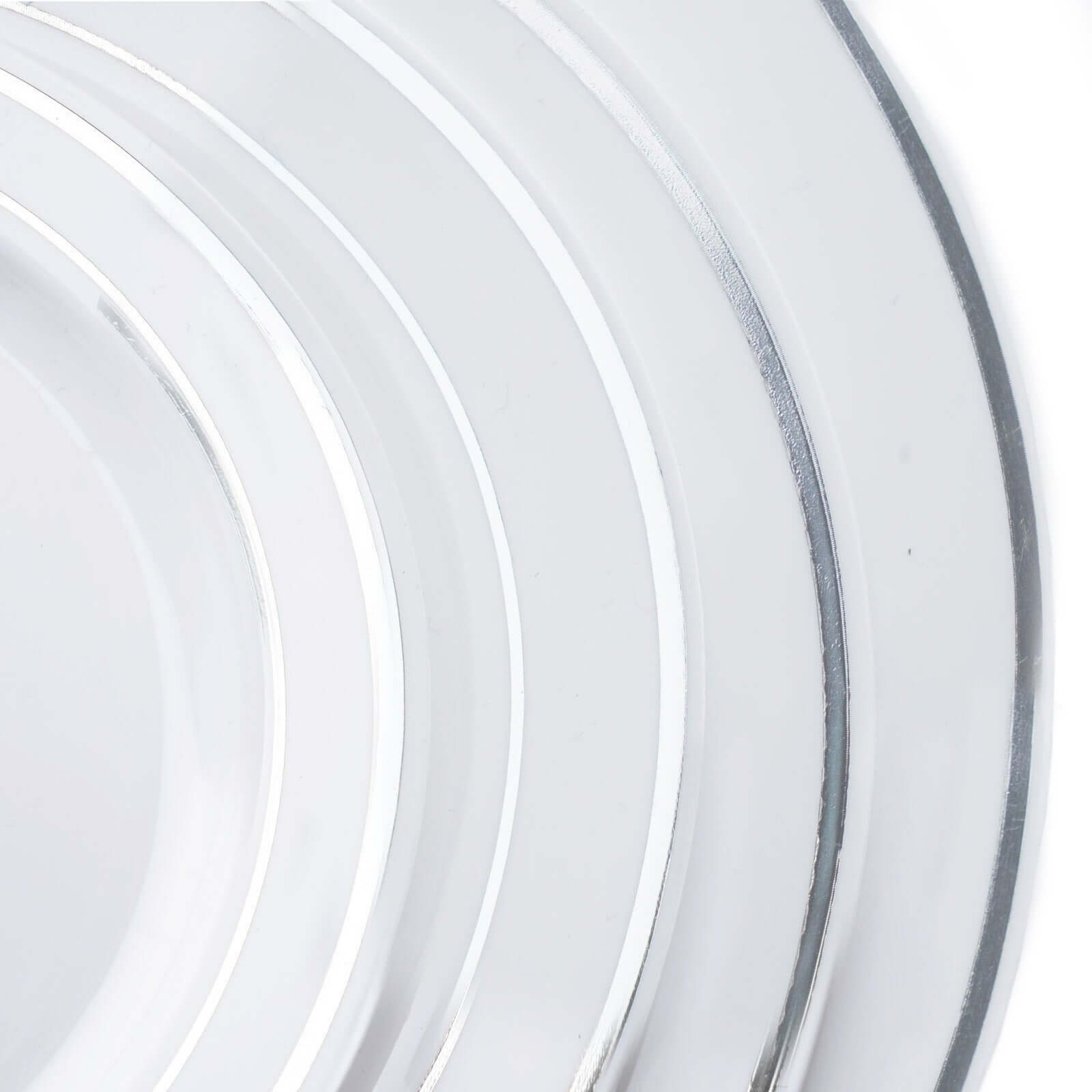 10-Pack Plastic Dinner Plates White with Très Chic Silver Rim - Perfect Disposable Party Plates 10"