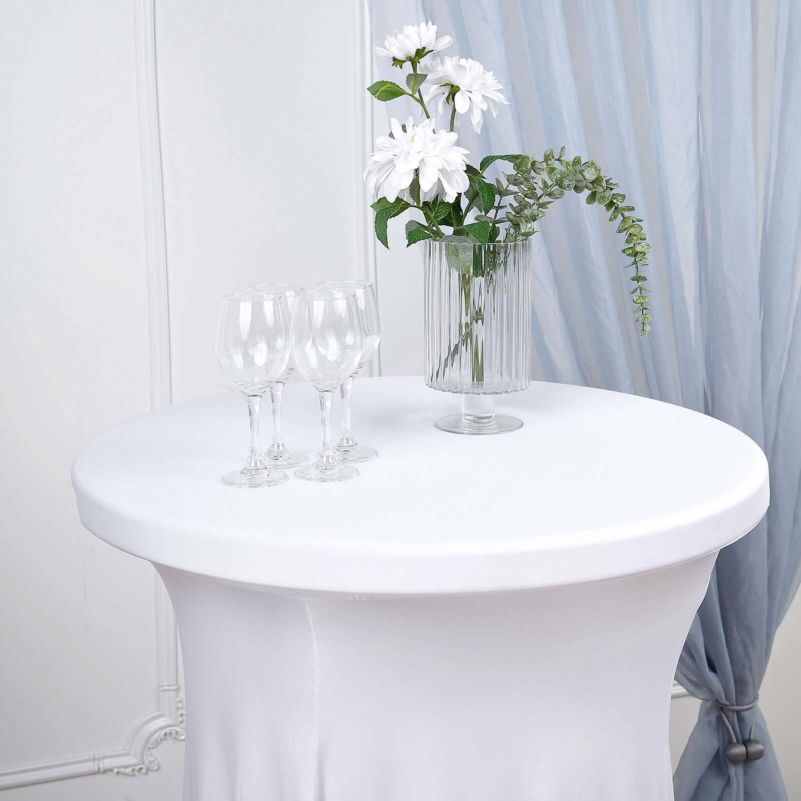 Spandex 32" Round Cocktail Table Cover Skirt White With Natural Wavy Drapes - Stylish & Sophisticated Event Decor