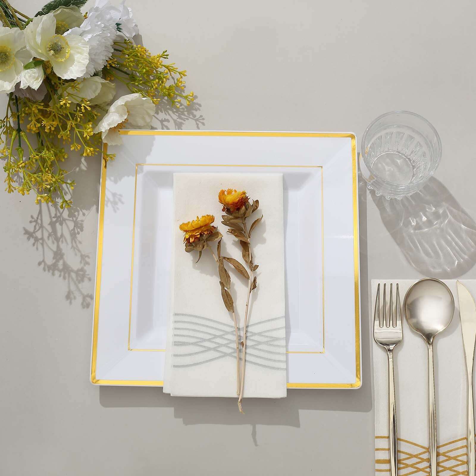 10-Pack Plastic Dinner Plates White Square with Gold Trim - Lightweight Disposable Plates for Events 10"