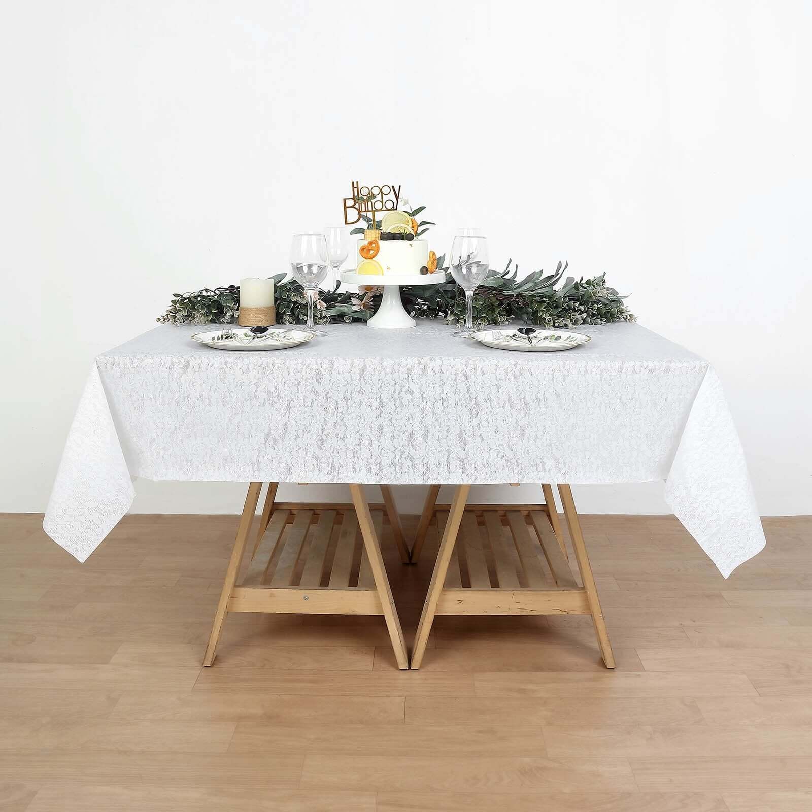 White Square Plastic Table Covers in Lace Design, 65"x65" PVC Waterproof Disposable Tablecloths